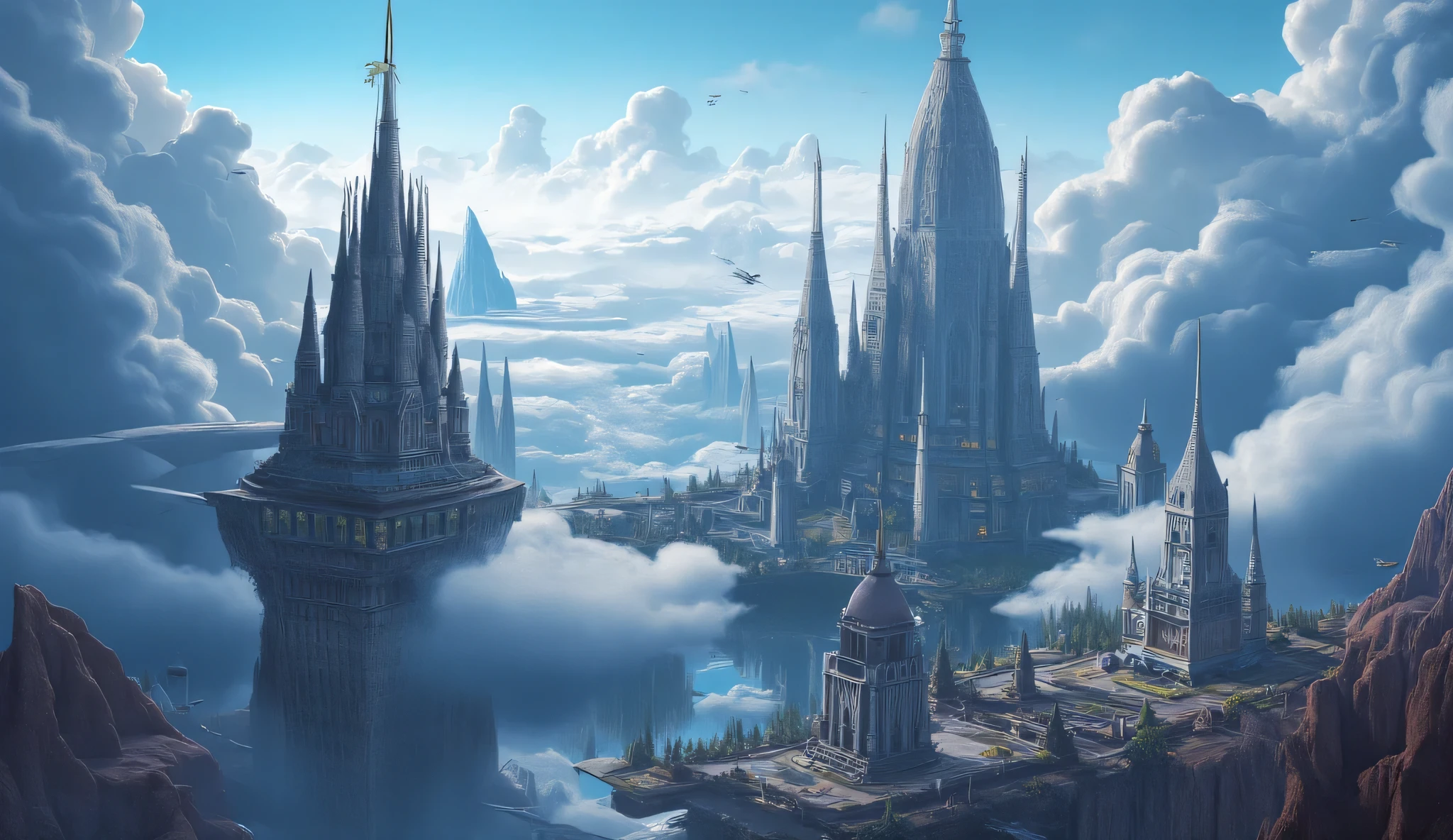 "A vast floating kingdom in the sky , with tall towers and ancient architecture , surrounded by luminous clouds and mystical energy . The kingdom is filled with a blend of advanced technology and ancient magic , with floating islands and magnificent palaces laid out against the backdrop of the heavenly sky." High Resolution, UHD,