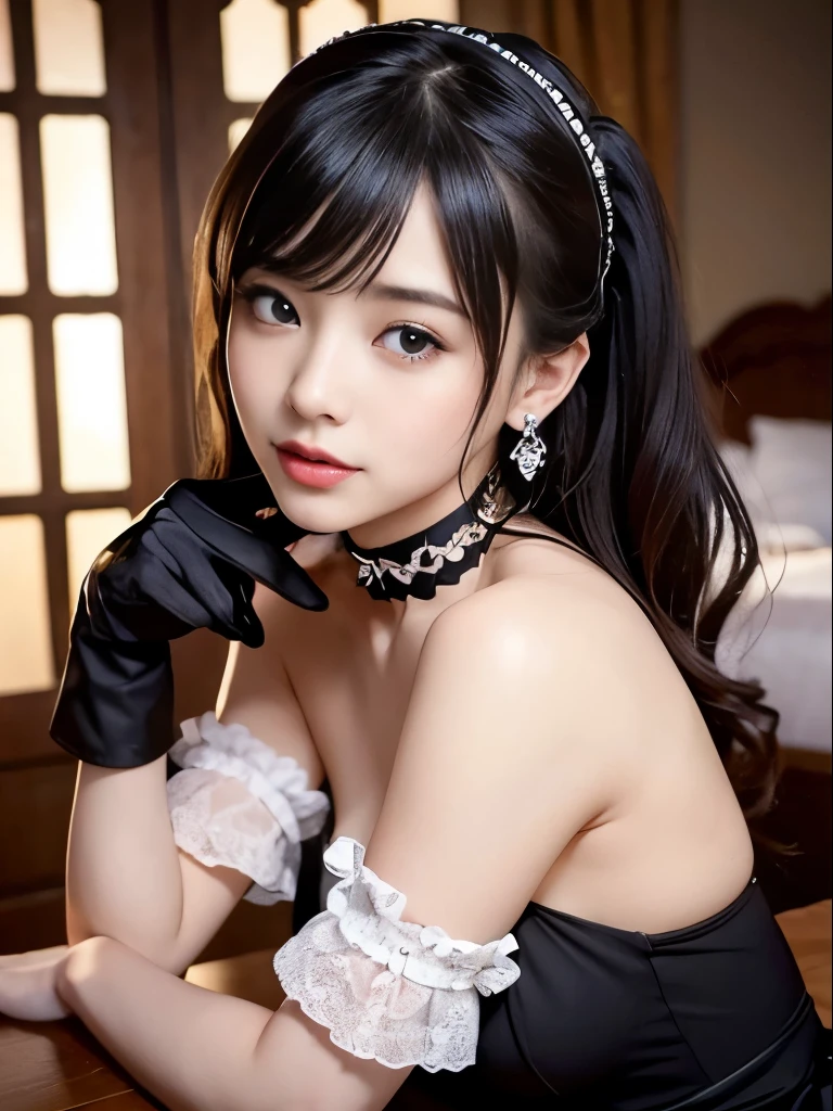 Best image quality、8K、Ultra-high resolution:1.5、Japanese、Delicate eyes、Sensitive face、Attractive face、Japanese、woman、ponytail、Scrunchie、chandelier、whole body、Black Dress、tiara、necklace、Long black lace gloves