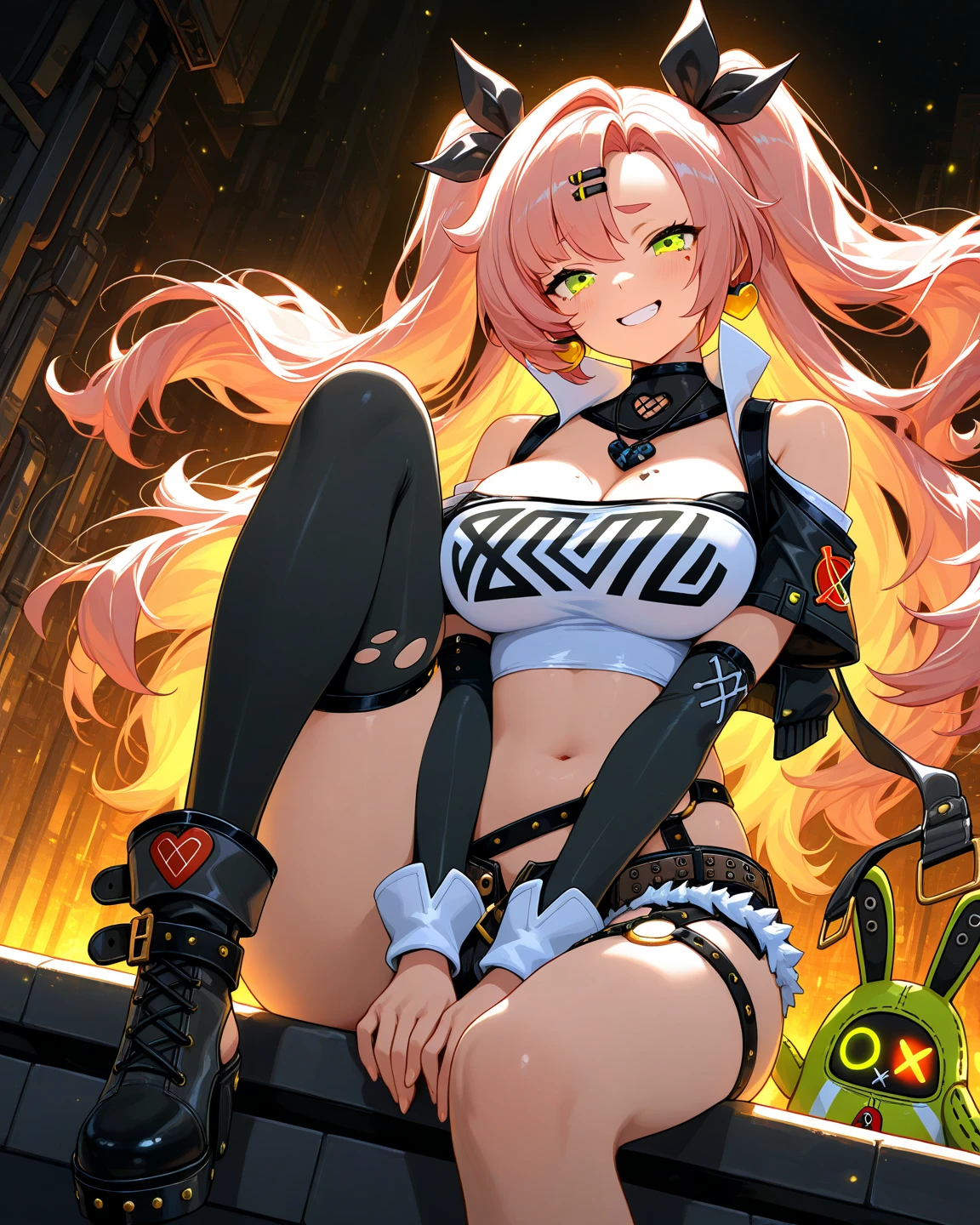 Masterpiece、最high quality、high quality、High definition、High resolution、High detail、Lens flare、Ray Tracing、high qualityなテクスチャー、high qualityな影、Beautiful details、Detailed explanation、Detailed texture、Realistic facial expression、Realistic and colorful、Delicate、Cinematic Light、Side light、Sharp Focus、(1 Female:1.3)、(Intricate details、Makeup、Pure Eros Face_v1:0.5)、(Details Beautiful delicate face、Detailed beautiful delicate eyes、Perfect Facial Proportions、Detailed skin、Charm)、(anime、Mirimnava)、Fancy Twin Tails、Beautiful bangs、Pink Hair、(Two-tone gradient hair color)、slender、(Large upward-facing breasts)、(Detailed crotch、V-Cut、High Leg、Thong)、Thighs、Dress shirt、Removing the Sleeve、boots、Provocative attitude、Release your knees、Leg spread、Raise your arms、Low-angle composition、(Take a deep breath、Work on this image step by step)