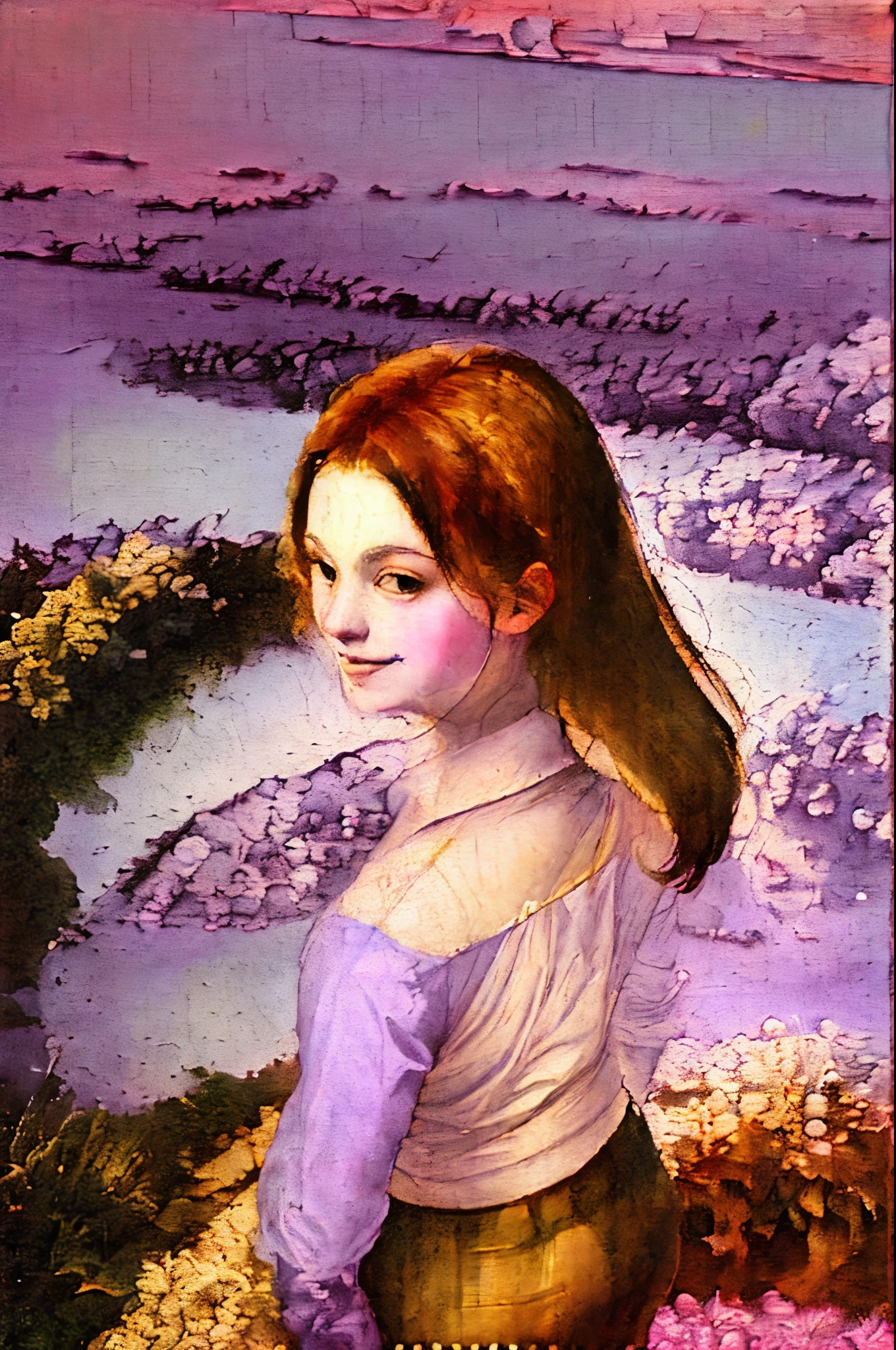 masterpiece, best quality, extremely detailed, hyperrealistic, oil painting, high renaissance art, in da vinci style, purple, pink