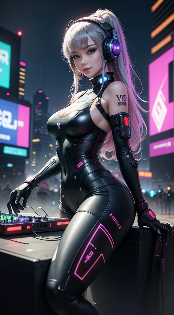Long range shots,wide plan,(best qualityer), (work of art), A beautiful cyberpunk woman,robotic arm,The mixer is in the body,(female DJ)Robust smile,DJ headphones, Outdoor Music Festival,Um grande público assistiu à female DJ