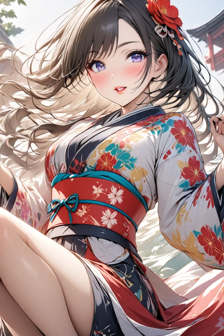 28 year old beautiful woman with attractive long black hair、Double eyelids、Joyful face、One white see-through yukata that sticks to bare skin、very large breast、opened legs、The color and shape of the tip of the chest is visible 、You can see the color and shape of the areola、You can see through a lot of pubic hair、The entire chest shows through、Lie on the bed with your hands stretched above your head、