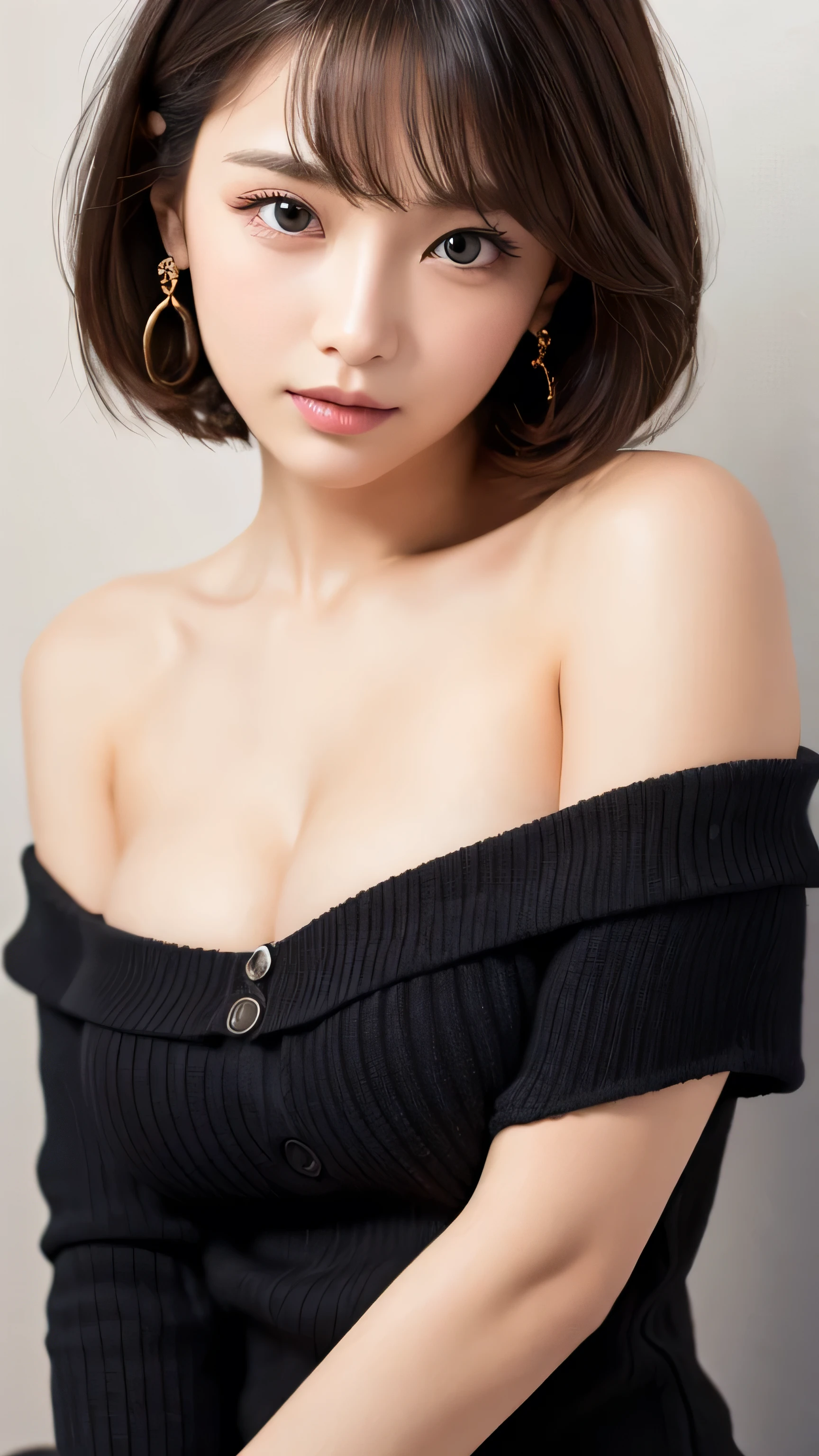 masterpiece, 1 beautiful girl, detailed eye、puffy eyes、highest quality, 超A high resolution, (reality: 1.4), movie lighting、Japanese、asian beauty、Super beautiful、beautiful skin、Slender、body facing forward、(surreal)、(High resolution)、(8K)、(very detailed)、(best illustrations)、(beautiful detailed eyes)、(super detailed)、 (wallpaper)、detailed face、bright lighting、professional lighting、looking at the viewer、look straight ahead、(off shoulder knit dress:1.5)、46 point diagonal bangs、night scene。light brown short hair、japanese idol、Upper body、weaning、big breasts、cleavage