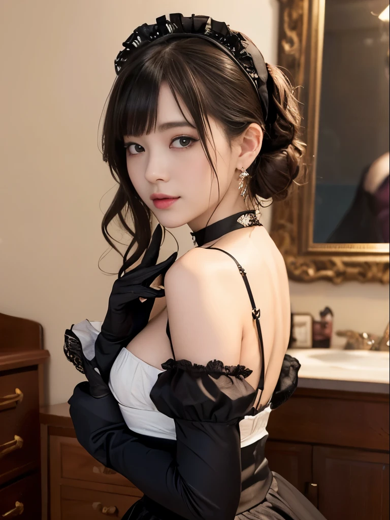 8K, Black velvet bunny girl costume, velvet, a 20 yo woman, Bokeh background, bokeh feeling, Girl's room, a smile, White Skin Skin, Cute little girl s, breasts on table, White choker and black bow tie, White cuffs, Short twin tail hair