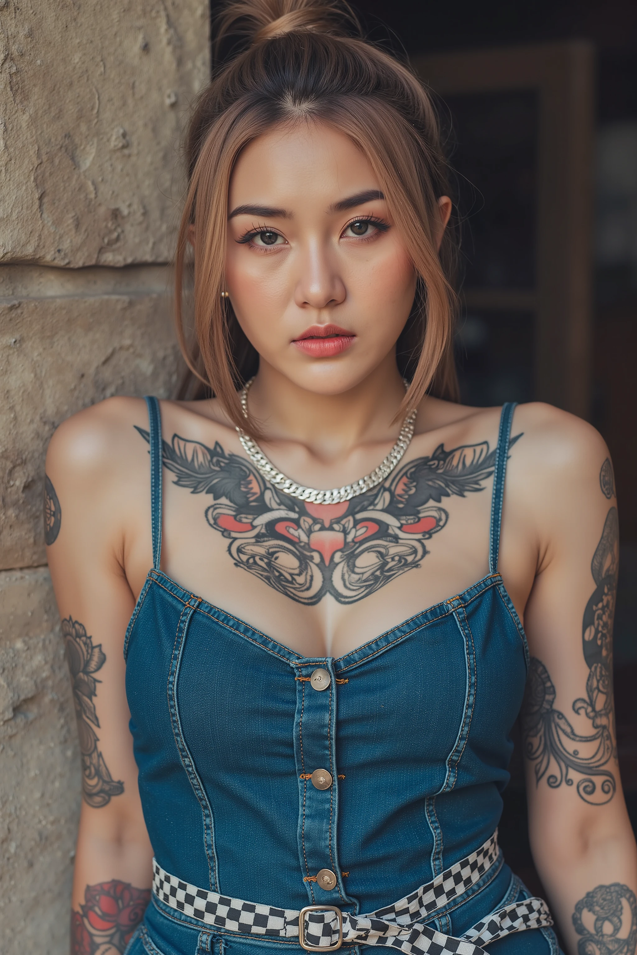A young woman, aged 25, with a rebellious punk aesthetic, adorned with tattoos and piercings, wearing a figure-hugging denim cocktail dress in a striking blue hue. The dress features a low neckline and check pattern, accessorized with a necklace and bangle. This image, whether a photograph or painting, captures the woman's edgy and daring style with exquisite detail. The intricate tattoos and piercings contrast beautifully with the delicate jewelry, creating a captivating juxtaposition of elements. Every aspect of her look, from the color of her dress to the intricate patterns, is portrayed with stunning clarity and precision.