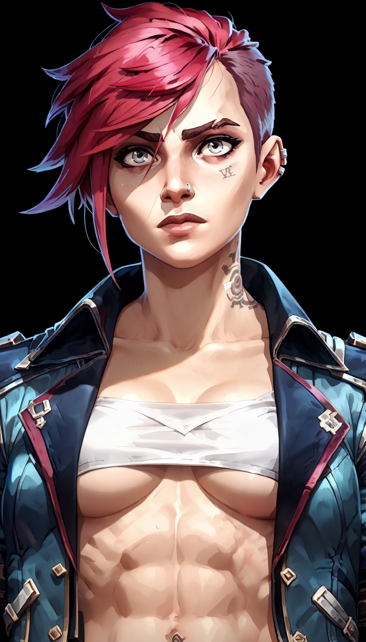 one woman, vi from league of legends, (grey eyes:1.2), short hair, red hair, (bust, upper body:1.3), (black background, clear background:1.5), (studio lights, deep shadows:1.3), (small chest, slender body:1.2), (military jacket, underboob:1.5)