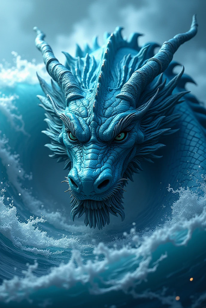 Highly detailed 8k rendering, ultra-detailed Chinese dragon, crashing waves, Chinese style, masterpiece, realistic, cinematic lighting, dramatic atmosphere, complex scale, powerful presence, flowing motion, glowing eyes, open mouth, sharp teeth, coiled dragon tail, dynamic pose, ambient background, vibrant colors, Depth of Field, volume fog, Epic scale, cinematic framework