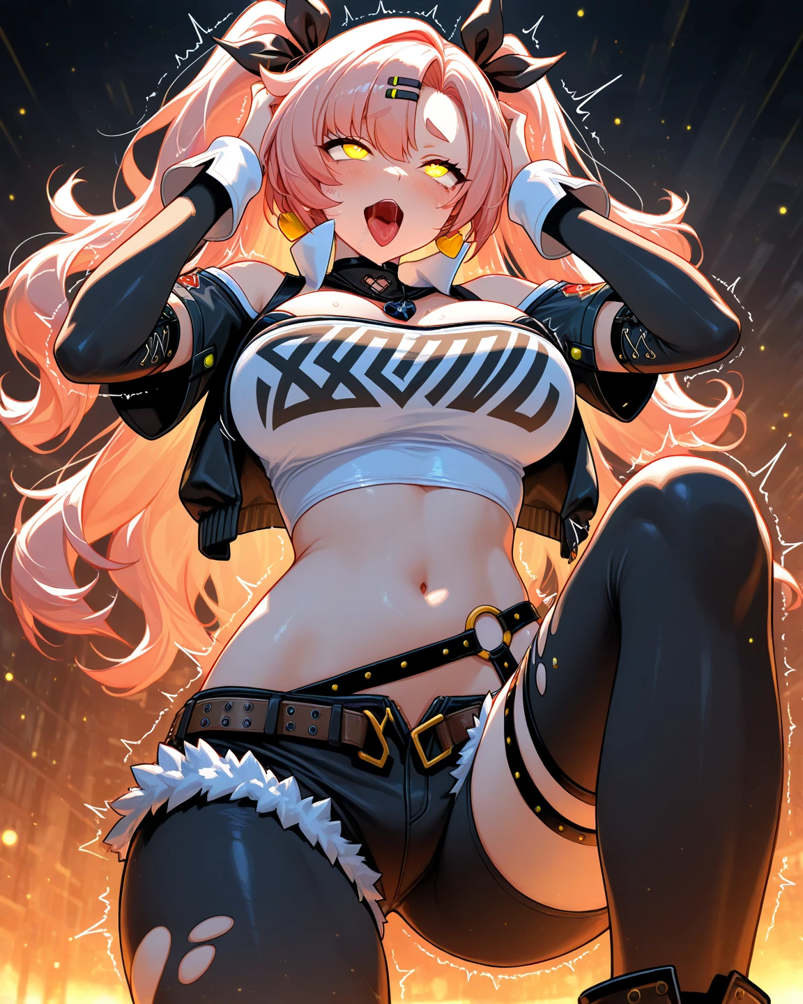 ((Corriendo hacia la derecha)), ((ecstatic face)), pelo corto, cabello blanco, Big breasts, dynamic scene, Llamativo, impresionante, 1girl, cuerpo completo, salpicaduras, (Fuego), (Efectos del fuego),