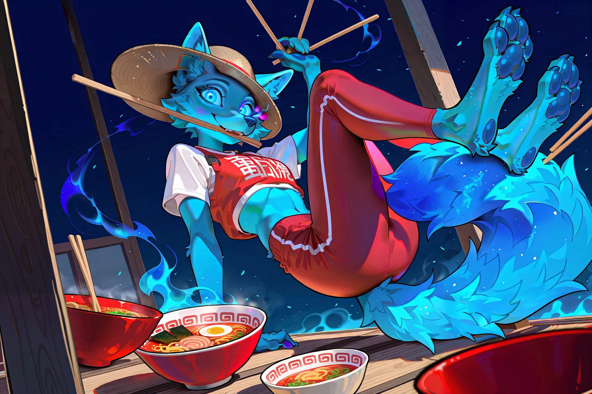 (solo), (anthro), dynamic:1.25, aesthetic, cinematic illustration, (concept art), overwatch style, ; ((char1 dives in the air)) , air's_catches a ramen's bowl; [char1=" female, (jumps over), (blue body), blue eyes, glowing eyes, Kitsune_(Kiriko's fox), holds_chinese's stick in mouth, horizontaly Chinese chopsticks:1.4, slim:1.4, atletic, feet are far (pawpads), ed headwear, (red leggings), white top, perfect anthro's_anatomy"]; chinatown cscenario, (floating ramen's liquid), (bowl focus), masterpiece, breathtaking best quality, high detailed, vivid colors, (blue embers in air)