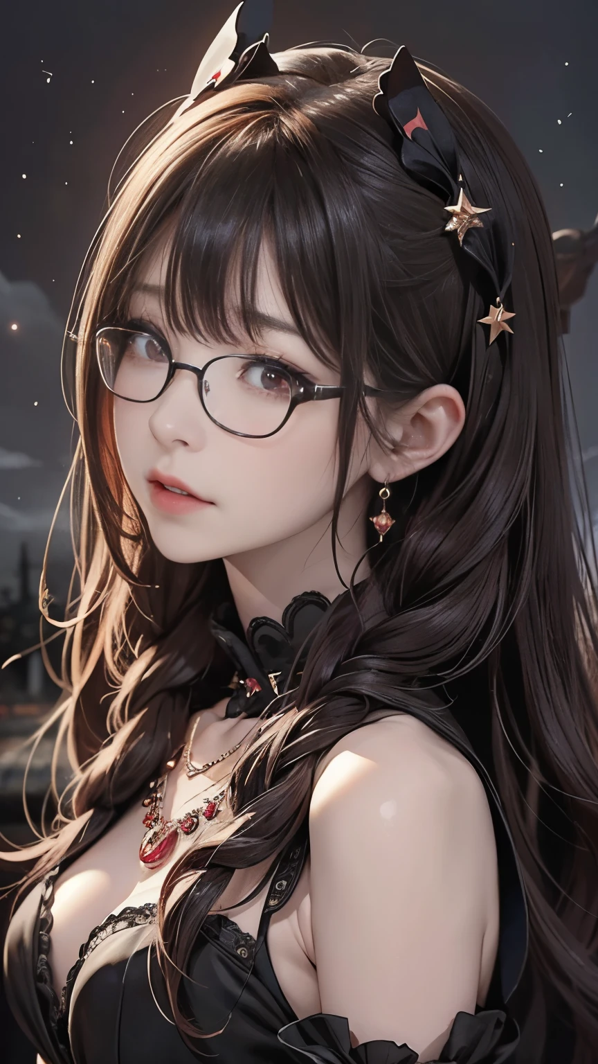 1名 27歳 woman, got it、(best illustrations)、8k UHD resolution、intricate details、最high quality、realistic、Super detailed、best lighting、best shadow、soft lighting、ultra hd、dungeon and Dragon、cave、dungeon、 necromancer、night、dark style、Succubus、devil'Daughter of、bat wings,(((デーモンホーンラック縁round glasses))))、(((big breasts)))、(devil'Tail)、(red eyes shine:1.6)、masterpiece、beautiful features、Tyndall effect、realisticphotograph、(high detail skin:1.2)、8KUHD、Digital single-lens reflex camera、high quality、photograph、High resolution、 absurd、Ponytail distortion、Optimal ratio of 4 fingers and 1 thumb、1 girl、hair ornaments、真っ赤に輝くgemのネックレス、gem、beautiful expression、body up、big breasts emphasis、tight waist、wide ass、Tyndall effect、Photoreal、(high detail skin:1.2)、dark and mysterious version, lipstick red lips, thin and beautiful lips, Don'don't laugh, please keep your mouth shut, Characters created by Karol Baku and Pino Denis, intricate details, detailed background, very detailed, magic of light, woman, cute face, ((((giant glasses, otaku glasses, thick glasses, round glasses))))、 looking at the Upper body of the goddess , round chest, big and round chest, phoenix hair brooch, long hair with bangs, (Long hair has seven colors like a rainbow:1.9), Beautifully detailed face and well-proportioned eyes, (clear red eyes: 1.8), Big round eyes and very beautiful and detailed makeup, Visionary, long silk nightgowns, mysterious makeup, ブresponseレット, I dyed my side bangs light yellow.., Upper body, (goddess Upper body: 1.8), hanging arms, リアルで鮮やかなphotograph, (stars that make up : 1.7), ( Sky and imaginary space-time portal: 1.8), fiction art, RAWphotograph,黒い着物のphotograph, 最高のphotograph , expensive_response, 最high quality, 最高のphotograph, 8K quality, 8K Ultra , surrealism, 最も経済的な本物のphotograph, Artistic portrait of 12 signs, Symbol of one of the 12 signs on the back, 12 Single Portrait of the Goddess, 最もrealistic配色, 最高のphotograph color, masterpiece, hair ornaments, ネックresponse, jewelry, beautiful face, Upper body, Tyndall effect, photographのようにリアルな, Dark studio, border light, two tone light, (fine skin) expensive: 1.2), 8k UHD, Digital single-lens reflex camera, soft light, expensive quality, volume light, Frank, photograph, expensive responseolution, 4K quality, 8k, Bokeh, smooth and sharp, 10x more pixels, Charming goddess, sexy goddess, (background space: 1.8), (milky way: 1.7), aurora, lightning, (auroraの背景: 1.8) <roller:crazy_perfect eyes_v1_from_v1_, beautiful goddess and flowers,