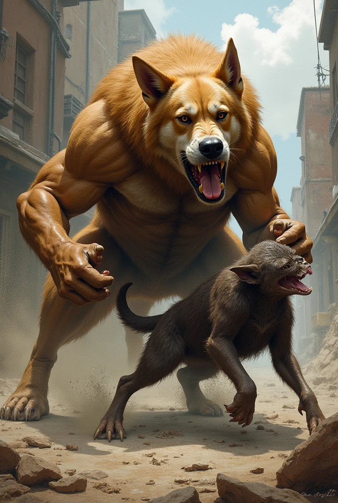 A Lion with human features, gigant ass, with a belt that says PWW. Protecting a puppy in his arms and roaring in the face of a zombie