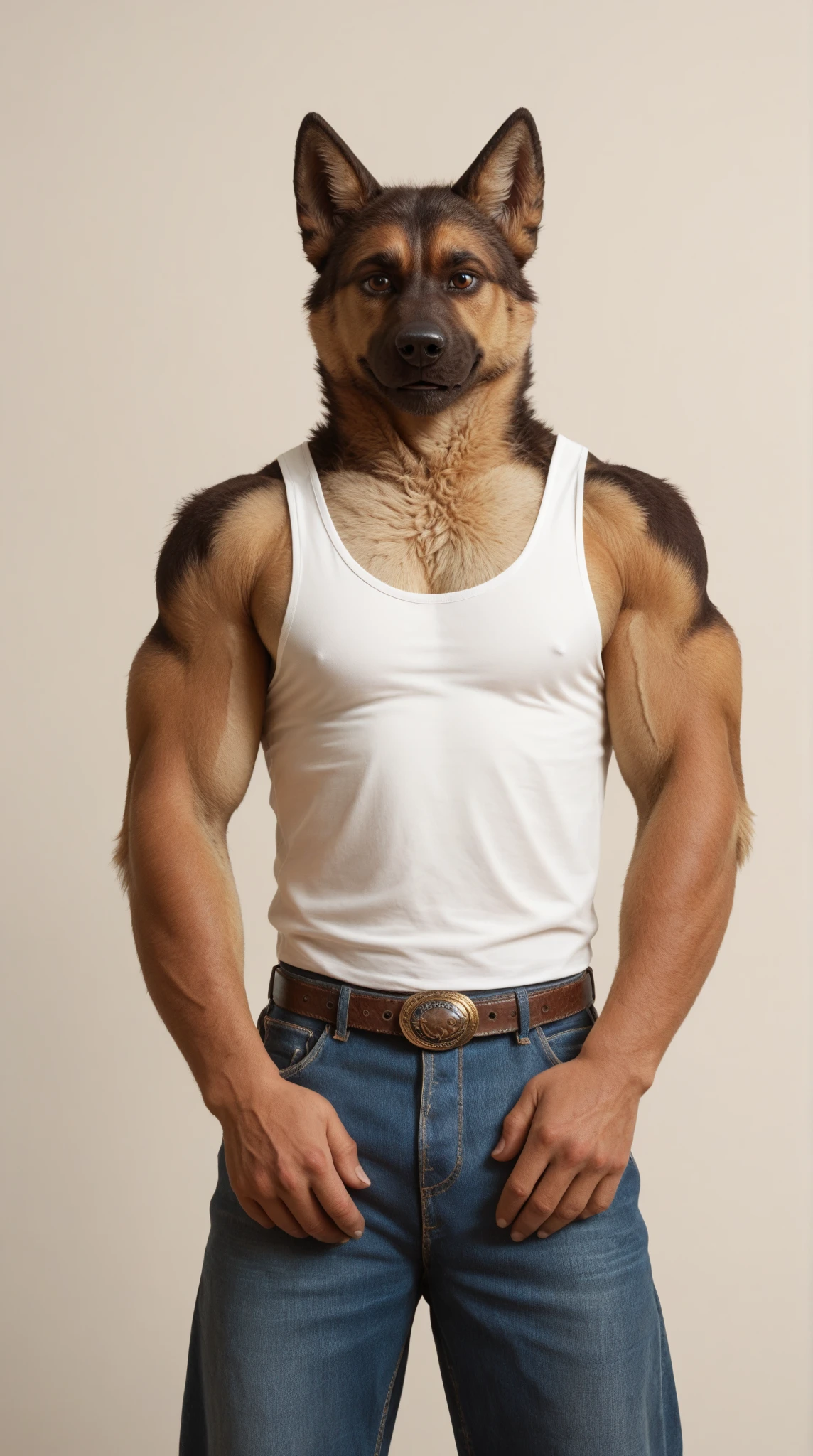 Spicy portrait of a furry german shepherd alone seductive smile wearing a sexy thong and a white t-shirt looking at the viewer beautiful and sexy red eyes muscular man a realistic house background outside outdoors hot and rough posing for camera endowed porn actor gay body delicious dream daddy adult 25 years HDR 32K