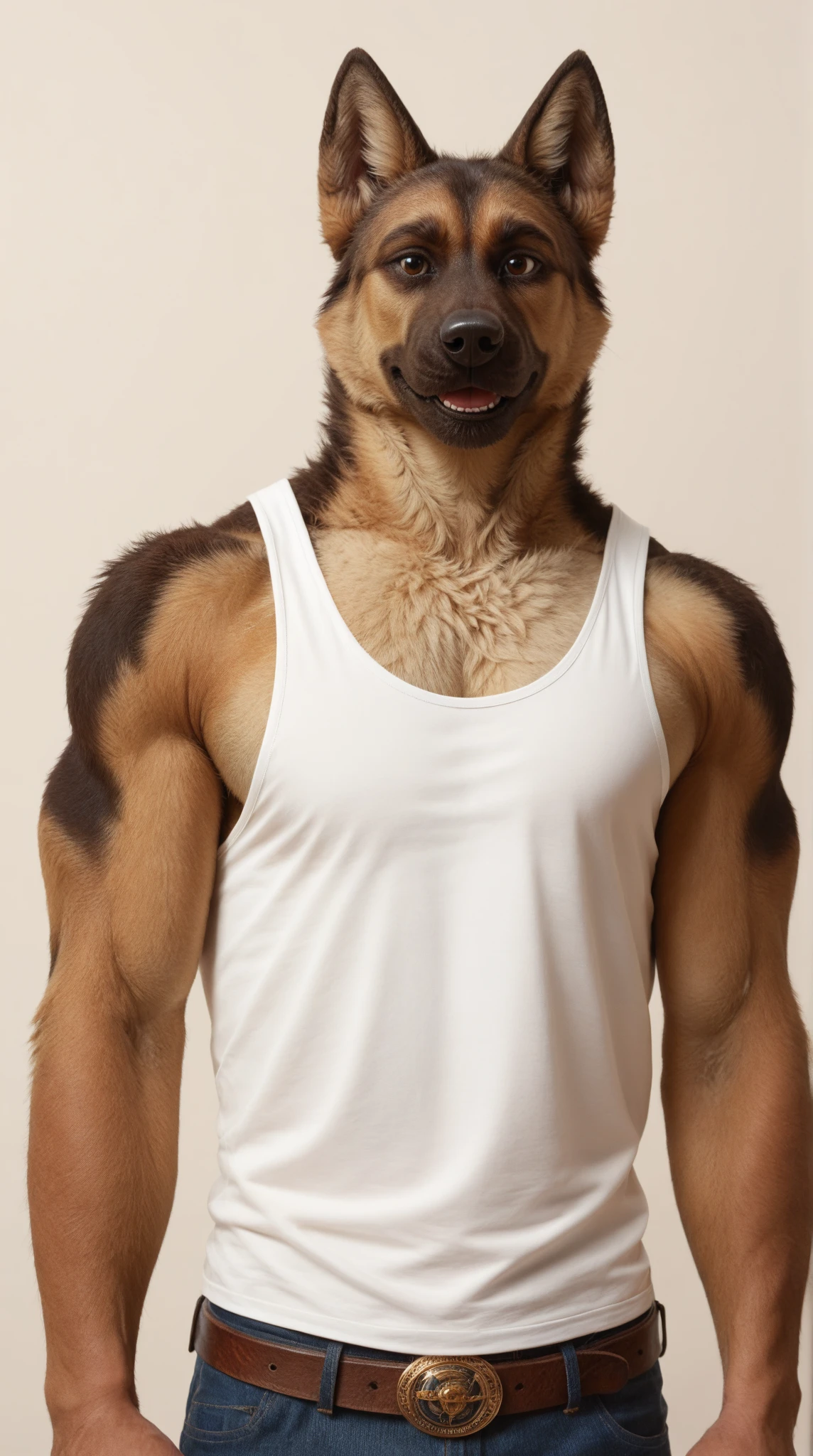 a furry male anthro Poodle standing with his hands behind his back. He is wearing underwear and is depicted in a simple background. The artwork should be in a front view perspective. The image should be of the best quality, with ultra-detailed features and a realistic, photorealistic style. The colors should be vivid and the lighting should create a professional and visually appealing effect. The inspiration for this artwork comes from artists such as buta99, bebebebebe, inu-sama, and shmutzo.