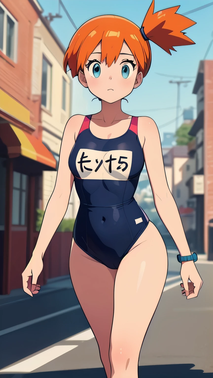 (masterpiece, best quality), 1girl, pkmnmisty, 1girl, emberassed, young, solo, blue eyes, orange hair, short hair, side ponytail, bangs, hair tie,, lewd swimsuit, walking down a crowded street, high quality, masterpiece, nsfw