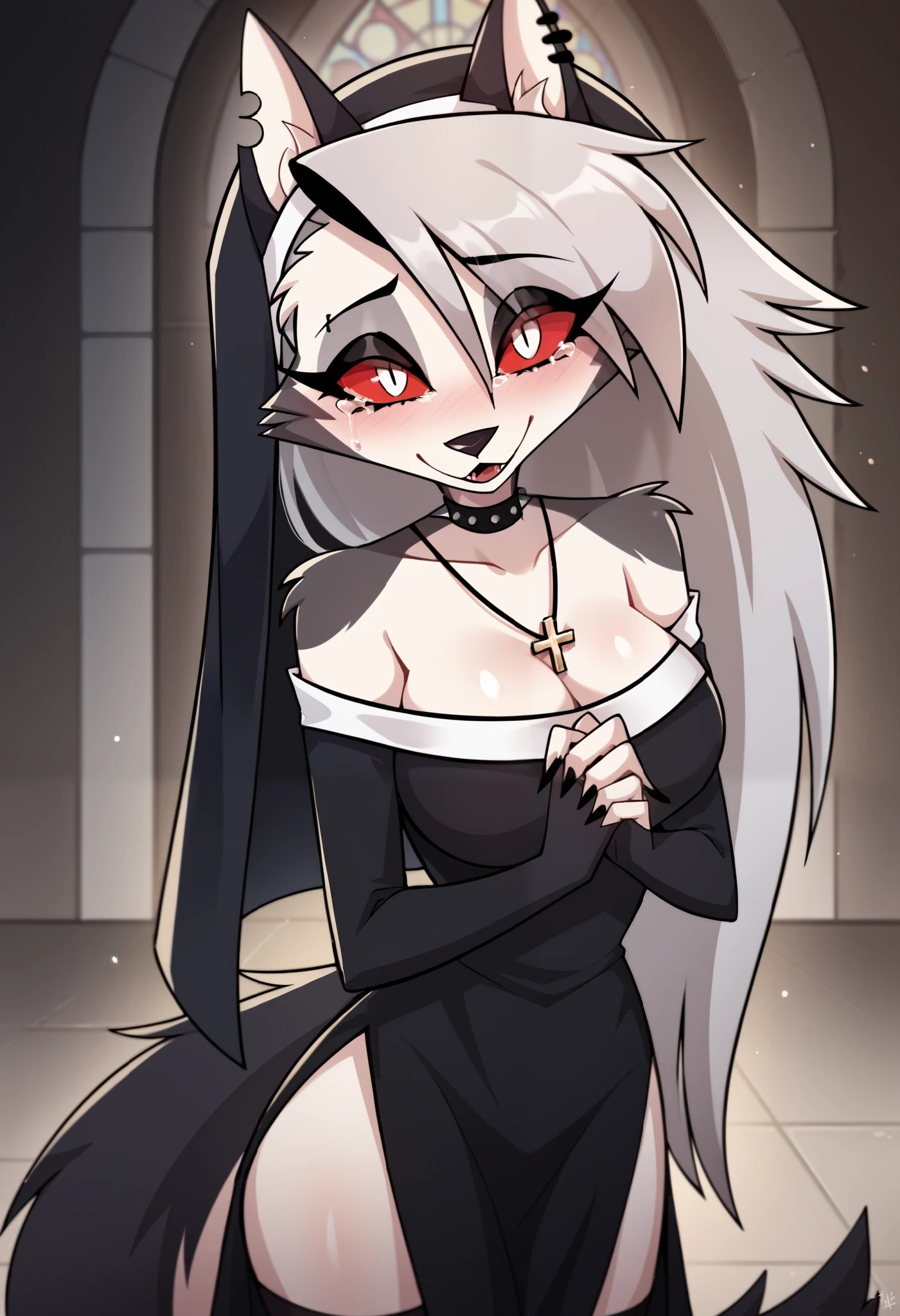 score_9, score_8_up, BREAK, source_anime, (1girl, solo), uncensored, perfect body, slim, fingerless gloves,
anthro, furry, 
Loona \(Helluva Boss\), sexy pose, seductive, flirting, looking at viewer, cleavage, thigh, sexy, nun uniform, nun clothing, beaded rosary necklace, double high slit dress, hip visible, thigh visible, kneeling on floor, at the alter, crying, in remorse, hands together prayer pose, head down, shame, shy, confessing, upper body, side view, side view, church, colored glass, colored glass illumination, daytime, sexy pose, seductive, flirting, looking at viewer, cleavage, thigh, sexy, nun uniform, nun clothing, beaded rosary necklace, double high slit dress, hip visible, thigh visible, kneeling on floor, at the alter, crying, in remorse, hands together prayer pose, head down, shame, shy, confessing, upper body, side view, side view, church, colored glass, colored glass illumination, daytime, sexy pose, seductive, flirting, looking at viewer, cleavage, thigh, sexy, nun uniform, nun clothing, beaded rosary necklace, double high slit dress, hip visible, thigh visible, kneeling on floor, at the alter, crying, in remorse, hands together prayer pose, head down, shame, shy, confessing, upper body, side view, side view, church, colored glass, colored glass illumination, daytime