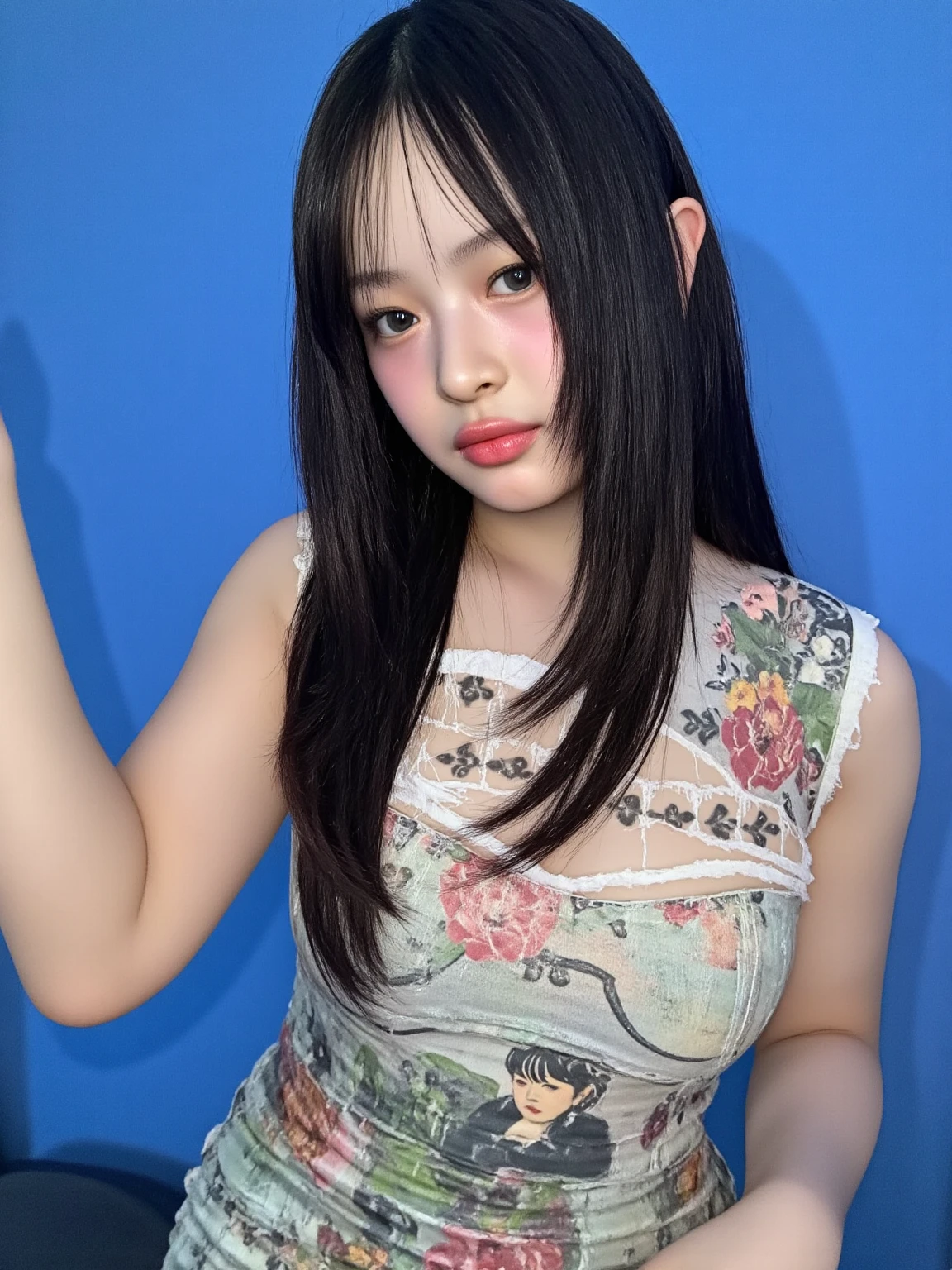 A Indonesian woman, long black hair, wearing a shoulder blouse tops floral, red lips, white background