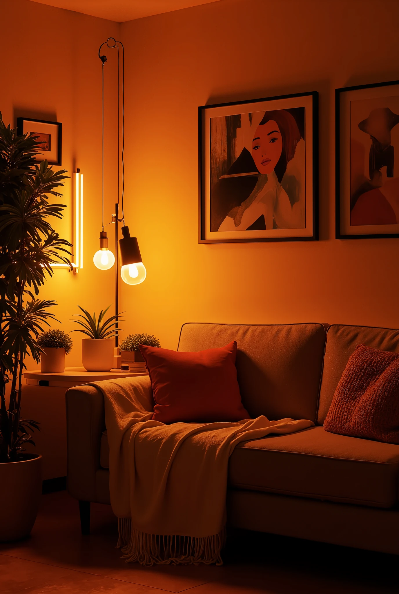 background blogger's room with dim lights in warm colors with a sofa and a green plant. there are modern paintings on the walls and a neon lamp that stands in the corner of the frame.