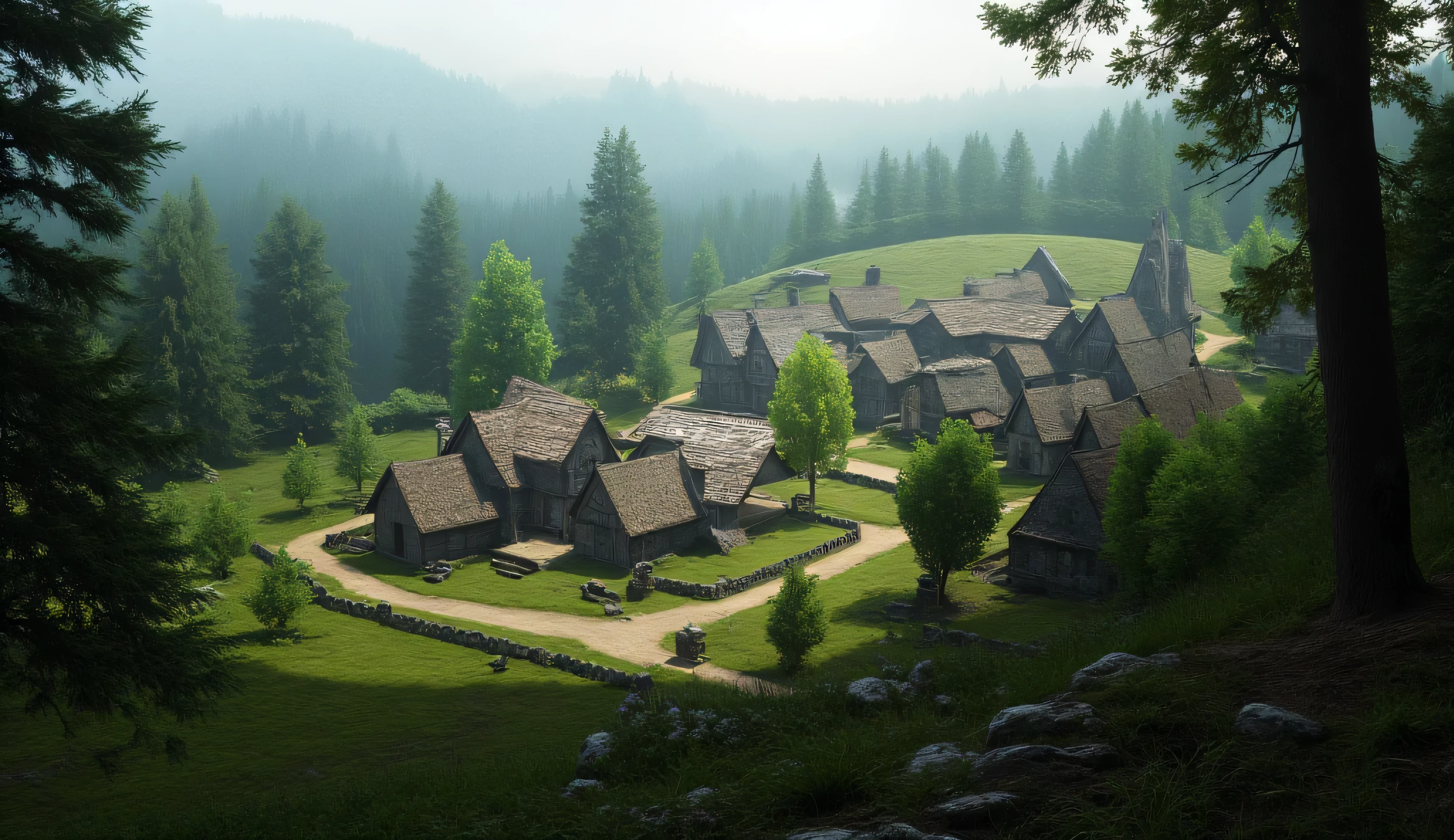 " Small and secluded village located in the wilderness , with simple stone cottages and cobbled roads . The village is surrounded by dense forests and misty mountains, with a quiet feel of alienation and mystery . The view is serene , with gentle sunlight penetrating through the trees ."Super Detailed, UHD,