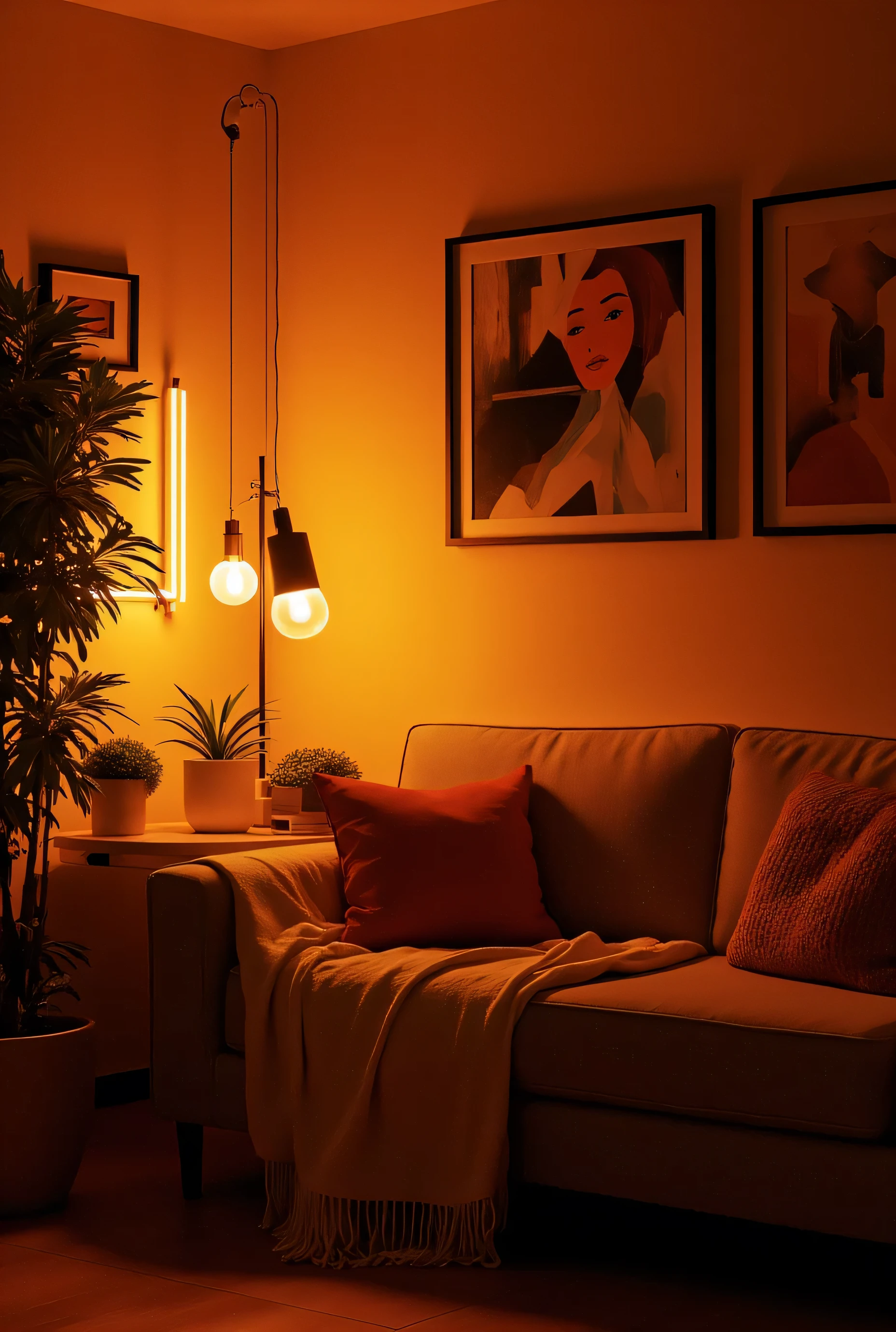  background blogger's room with dim lights in warm colors with a sofa and a green plant. there are modern paintings on the walls and a neon lamp that stands in the corner of the frame. 
