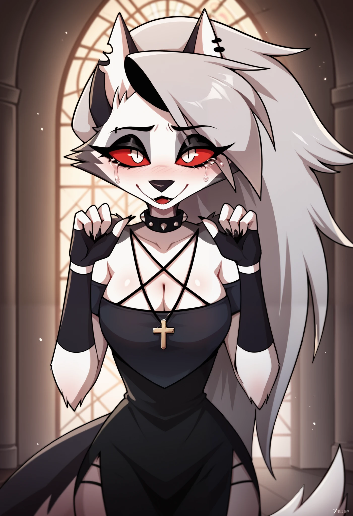 score_9, score_8_up, BREAK, source_anime, (1girl, solo), uncensored, perfect body, slim, fingerless gloves,
anthro, furry,
Loona \(Helluva Boss\), sexy pose, seductive, flirting, looking at viewer, cleavage, thigh, sexy, nun uniform, nun clothing, beaded rosary necklace, double high slit dress, hip visible, thigh visible, kneeling on floor, at the alter, crying, in remorse, hands together prayer pose, head down, shame, shy, confessing, upper body, side view, side view, church, colored glass, colored glass illumination, daytime