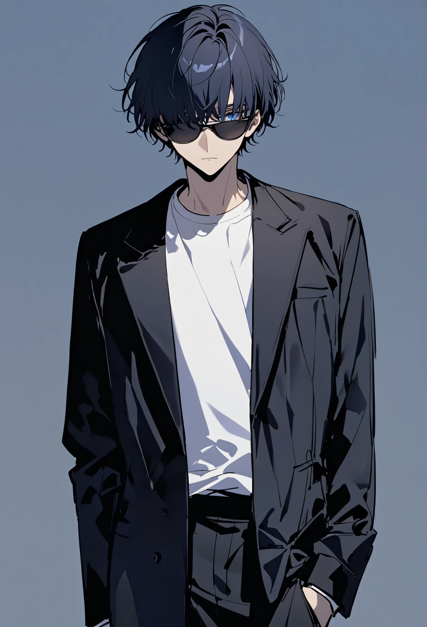 handsome, solo, 1 male, (short hair), black hair with dark blue hair tips, ((black sunglasses, sunglasses covered eyes), blue eyes), (white shirt, black jacket), black pant, (cowboy shot, no crop, wide-shot), looking at viewer, simple background,