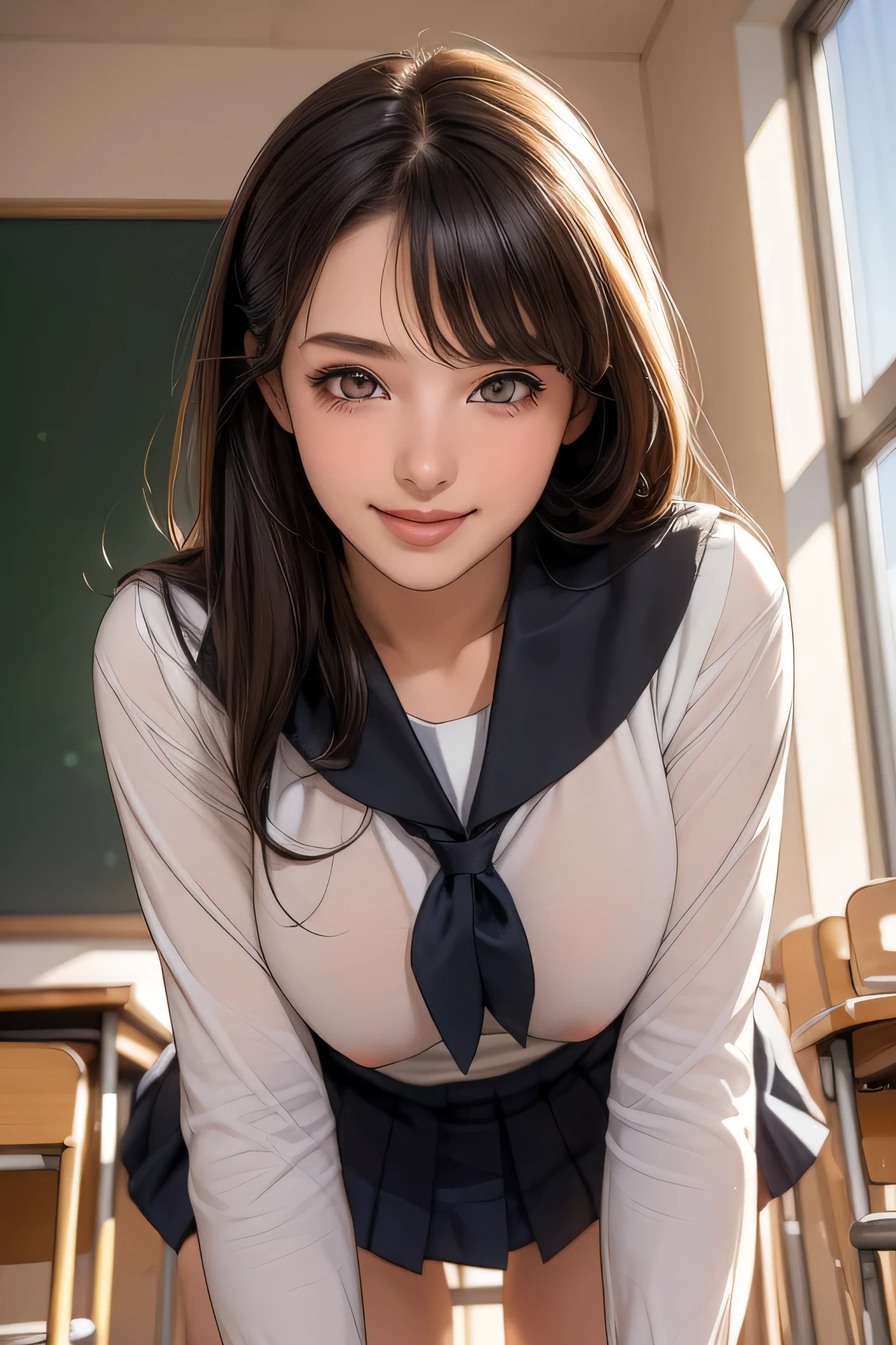 (masterpiece:1.2, Highest quality), (Realistic, photoRealistic:1.4), Beautiful illustrations, (Natural Side Lighting, Cinema Lighting), Written boundary depth, Looking at the audience, (Face Focus, Upper Body), Front view, 1 Girl, English, high school girl, 15 years old, Perfect Face, Cute symmetrical face, Shiny skin, (Bob Hair:1.7,blonde), Asymmetrical bangs, Big eyes, Droopy eyes, long eyelashes chest), thin, Beautiful Hair, Beautiful Face, Beautiful and beautiful eyes, Beautiful clavicle, Beautiful body, Beautiful breasts, Beautiful thighs, Beautiful legs, Beautiful fingers, ((High-quality fabric, brown knit vest, Short sleeve white collar shirt, Navy Pleated Skirt, Red bow tie)), (Beautiful views), evening, (School classroom:1.1), Are standing, (smile, Superior, Open your mouth),