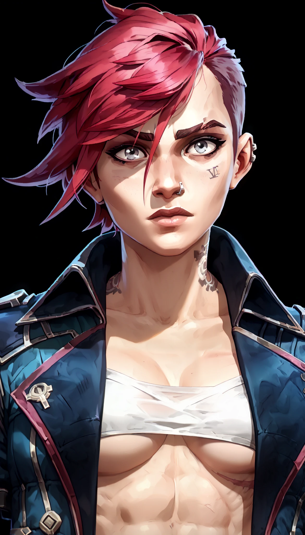 one woman, vi from league of legends, (grey eyes:1.2), short hair, red hair, (bust, upper body:1.3), (black background, clear background:1.5), (studio lights, deep shadows:1.3), (small chest, slender body:1.2), (military jacket, underboob:1.5)