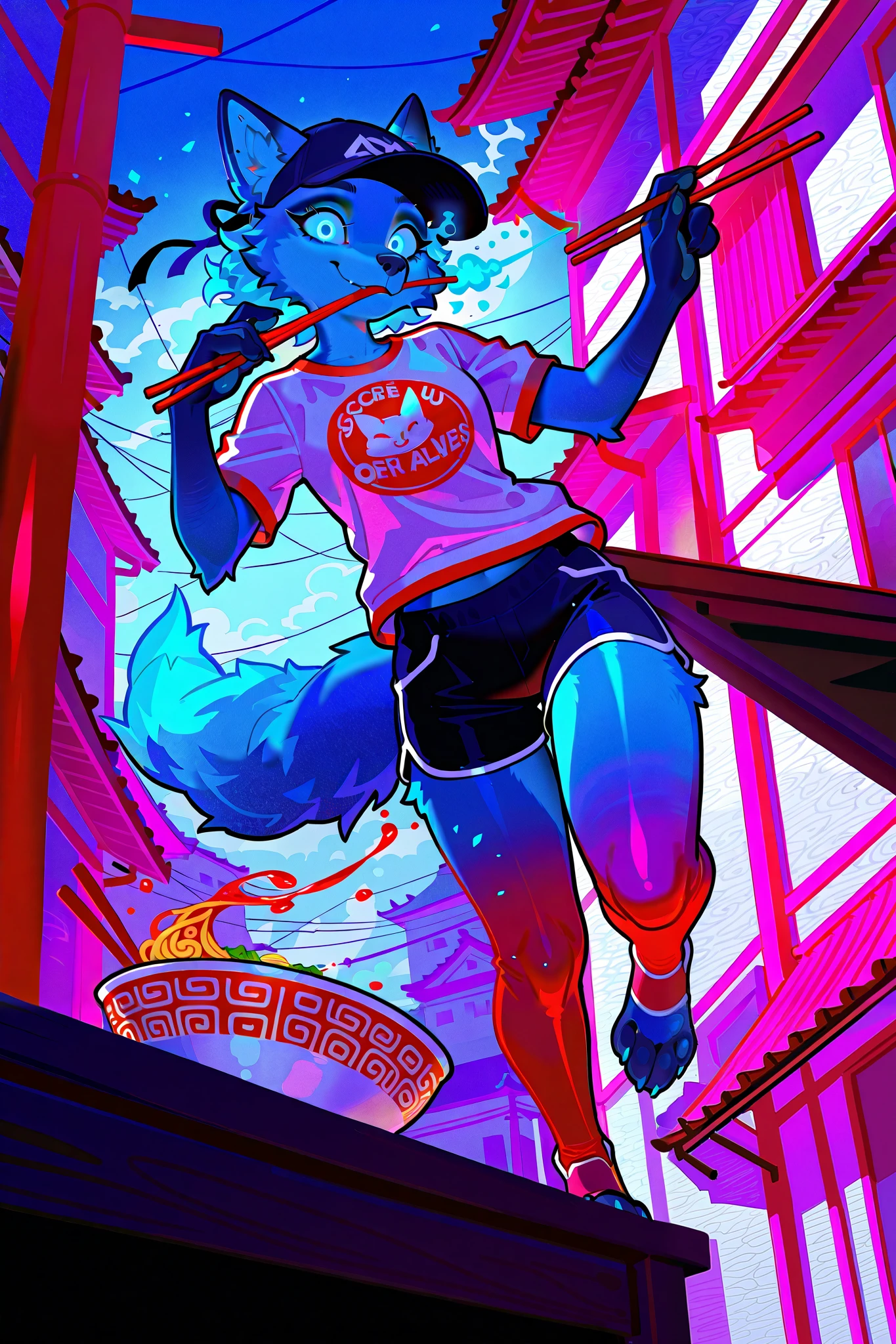 (solo), (anthro), dynamic:1.25, aesthetic, cinematic illustration, (concept art), overwatch style, ; ((char1 dives in the air)) , air's_catches a ramen's bowl; [char1=" female, (jumps over), (blue body), blue eyes, glowing eyes, Kitsune_(Kiriko's fox), holds_chinese's stick in mouth, horizontaly Chinese chopsticks:1.4, slim:1.4, atletic, feet are far (pawpads), ed headwear, (red leggings), white top, perfect anthro's_anatomy"]; chinatown cscenario, (floating ramen's liquid), (bowl focus), masterpiece, breathtaking best quality, high detailed, vivid colors, (blue embers in air)