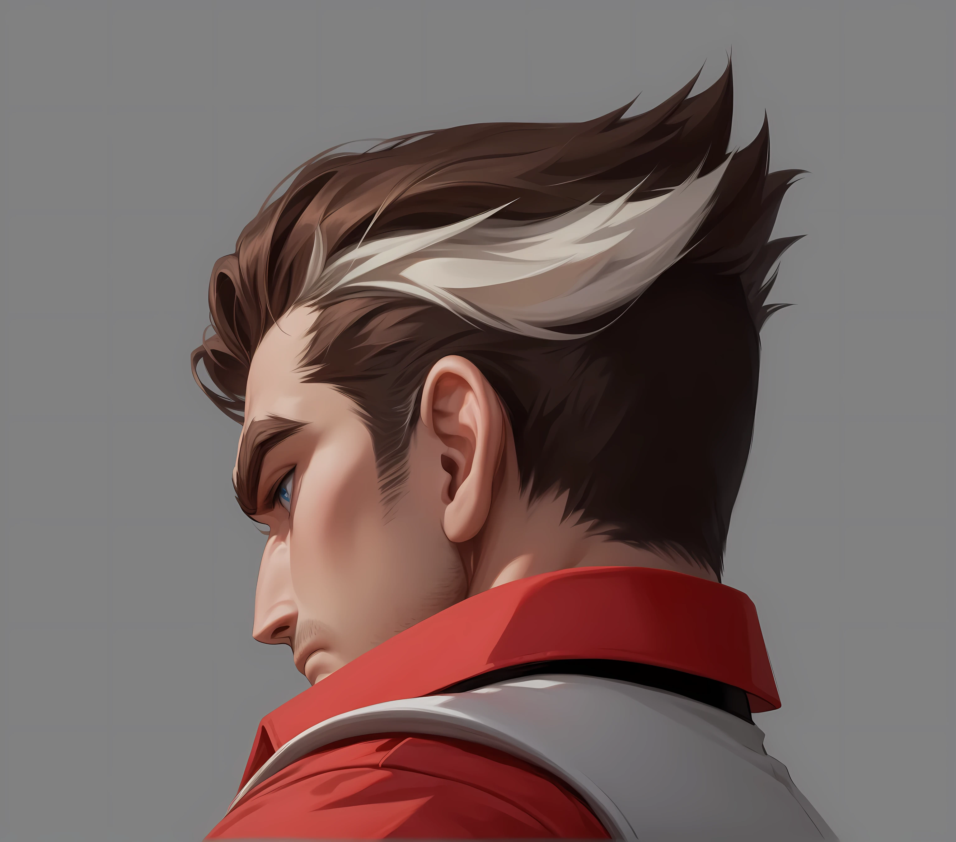man,Italian Mafia,Mafia Boss, brown hair , and a strand of white hair on my ears, has a serious and ferocious expression,Ferocious Fury ,I have a beard on my chin , looking ahead , blue pupils,Profile, Red Shirt ,White vest, White Suit Vest,Brown eyebrows,Left hand on waist,UE5 Rendering,Lumen lighting rendering