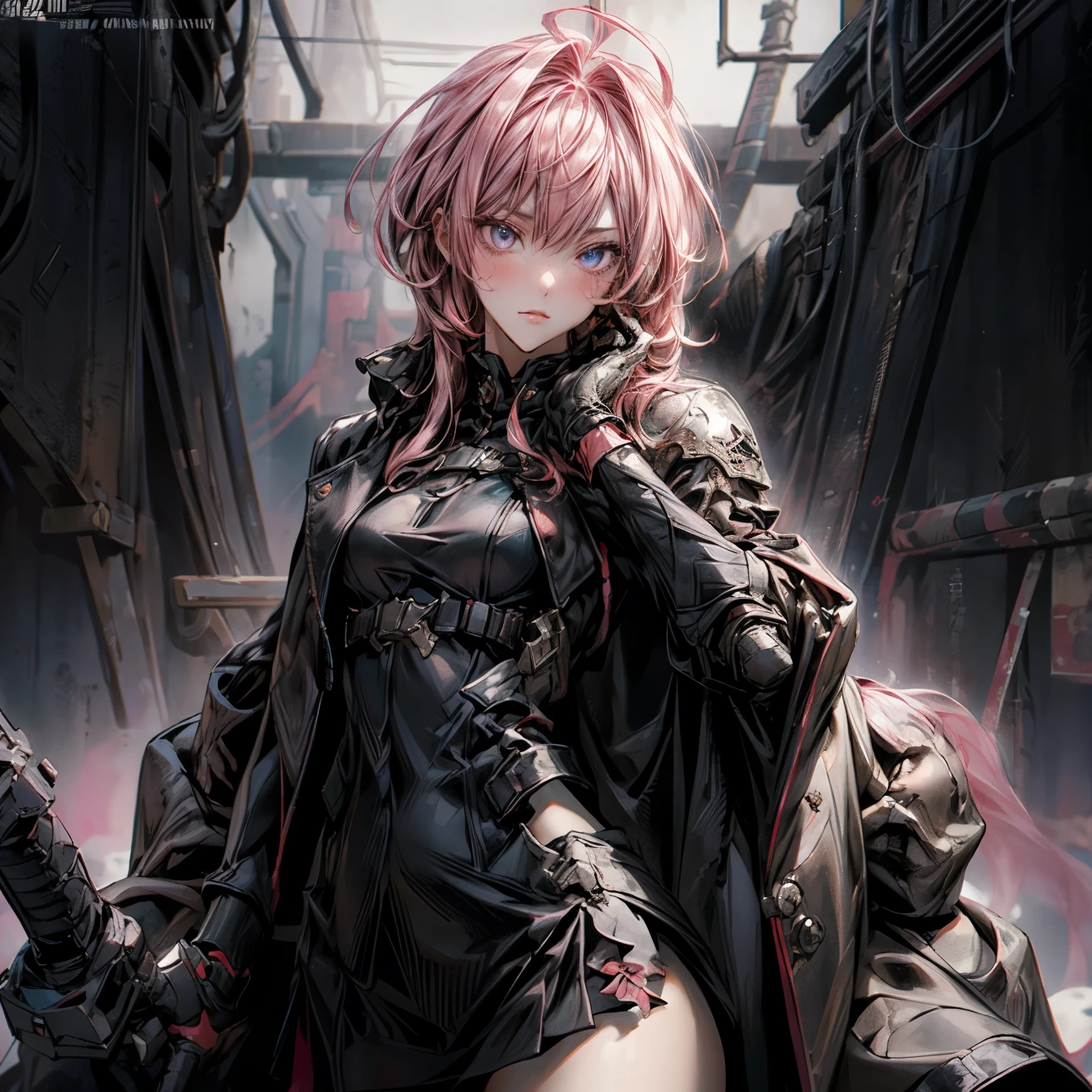 ((best quality)), ((Masterpiece)), ((Enrich the picture,Masterpiece level quality)), ultra background details, an image of a beautiful cyberpunk woman, mature woman, fierce woman, นายทหาร, นายพล, sexy mini military uniform, cyberpunk theme, (( curtainbangs, pink hair)), golden eyes, sexy black mini skirt, sexy jacket, ผู้คน, , bunker, ตุ้มหู, gloves, armor