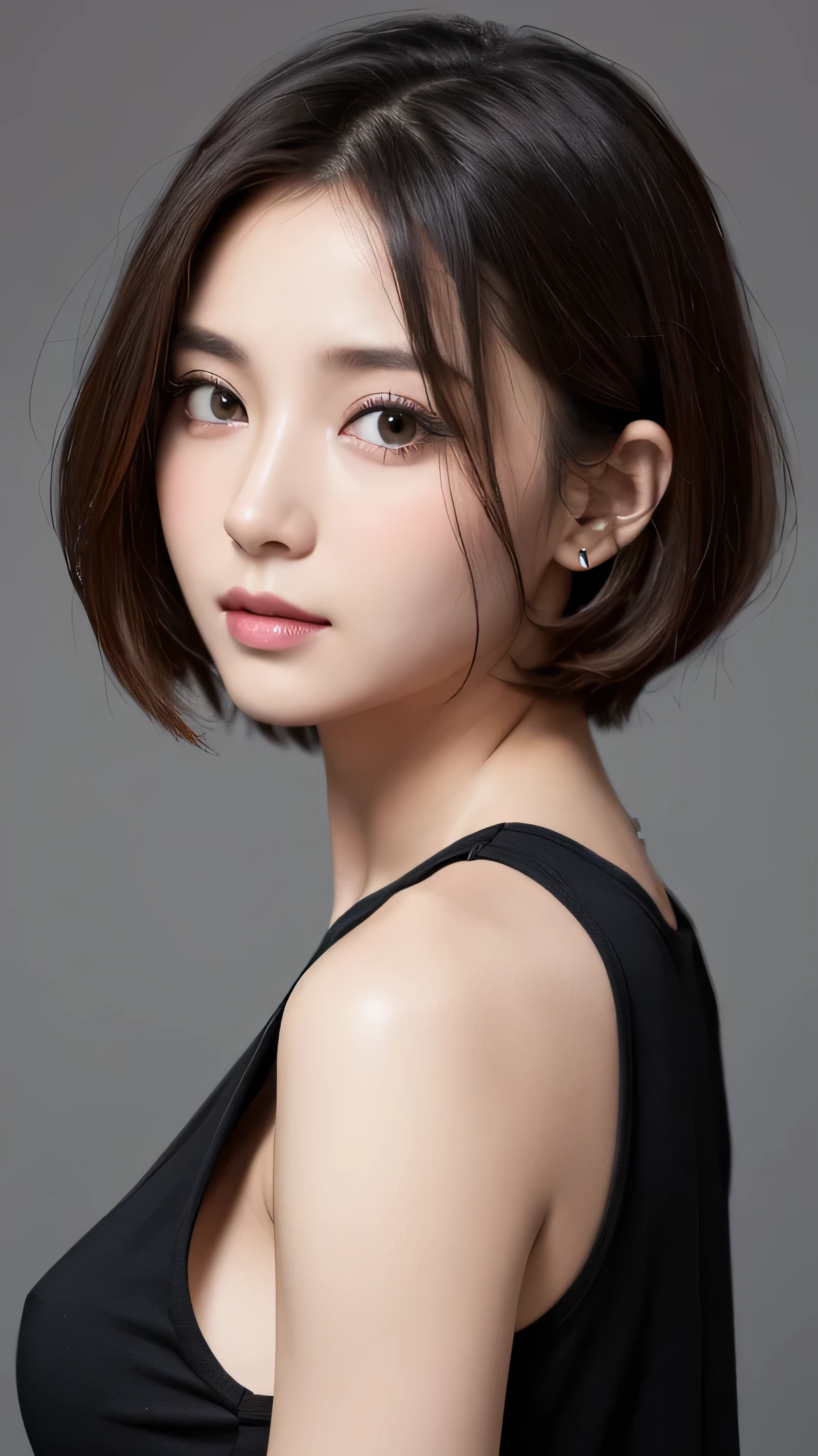 (8K, RAW Photos, Highest quality, masterpiece:1.3), (Realistic, photo-Realistic:1.4), (Highly detailed 8K wallpaper),((Completely naked)),One Girl, cute, Laughter, Professional Lighting, Plain,Photon Mapping, Radio City, Physically Based Rendering, Gradient Blonde Hair, Brown Hair, Very short hair,Gal,Highest qualityの写真, High resolution, 1080P, (Beautiful face), (Detailed facial depiction), Vibrant, Extreme light and shadow, Bob Cut Hair, masterpiece, Rich details, (Detailed facial features), (Highest qualityの写真), (masterpiece), (Finely tuned), dual、Look in front of you, Thin clavicle,Simple white background