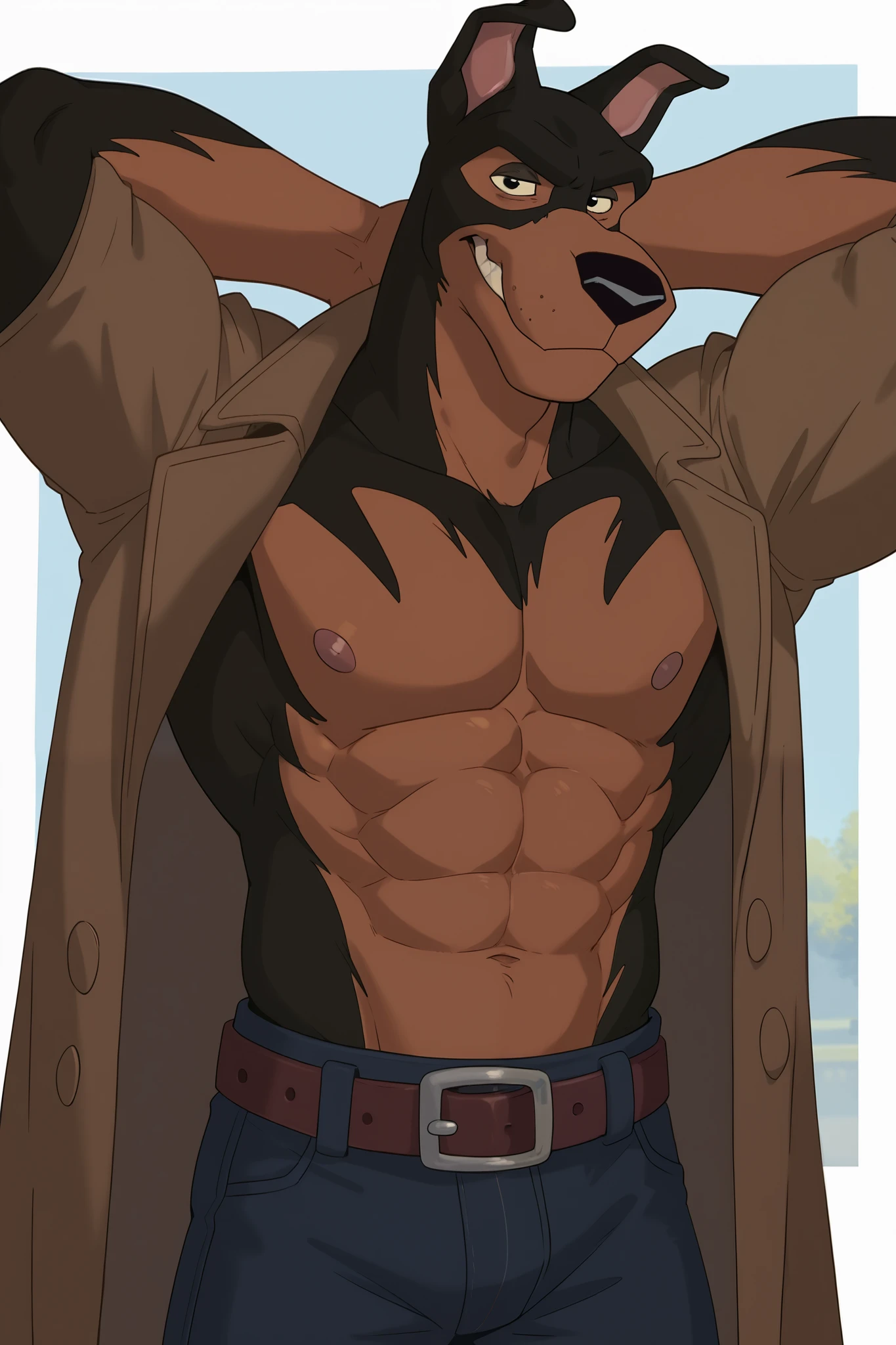 BusterLT , fluffy, antro, antro body, sobachiy, Doberman, black eyes , black nose, black body, black wool, brown body, brown coat , two-colored body , bicolor fur , pink inner ear, One, Athletic build, muscular, muscles, ((flat colors, no shading )), simple background, detail, posing, looks at viewer , smile, strong posture, shirtless, Голая грудь, belt, trousers , muscular neck, half body , Half species , hand behind head,
