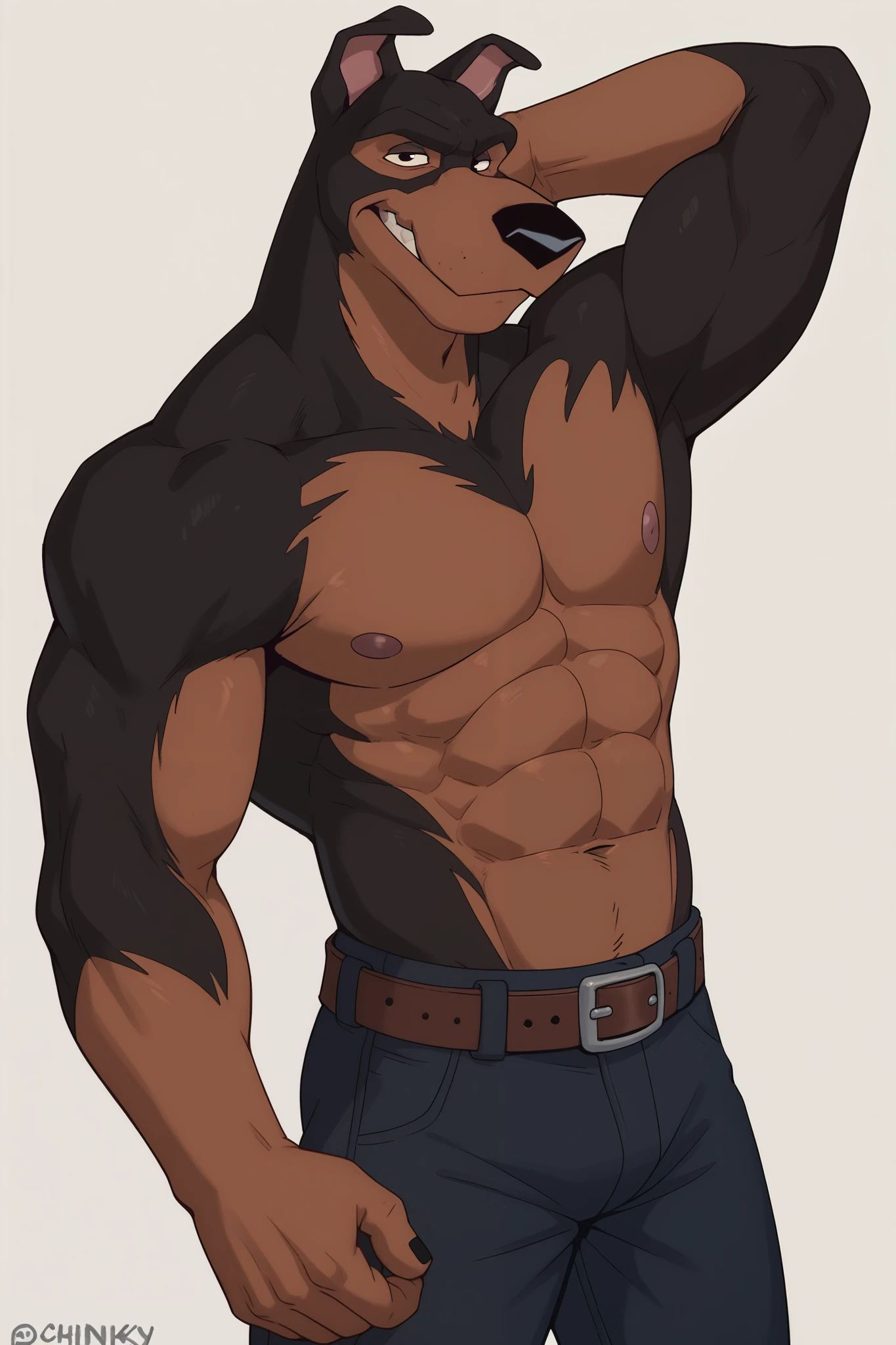 BusterLT  ,  fluffy, antro, antro body,  sobachiy, Doberman,  black eyes , black nose, black body, black wool, brown body,  brown coat ,  two-colored body ,  bicolor fur ,  pink inner ear, One, Athletic build,  muscular, muscles, ((flat colors,  no shading )),  simple background,  detail, posing,  looks at viewer , smile,  strong posture, shirtless, Голая грудь, belt,  trousers ,  muscular neck,  half body , Half species , hand behind head, 