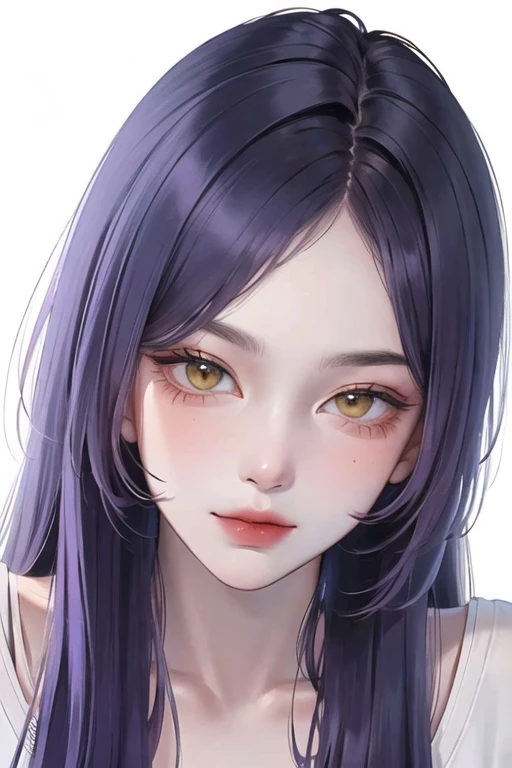 anime girl 20 years old with narrow yellow eyes, a smoll mole under the eye, bruises under the eye, inconspicuous freckles on the nose, straight dark purple-blue hair below the shoulders, long bangs covering the left eye, pale skin, tired look, breasts of the second size, low height, 4k