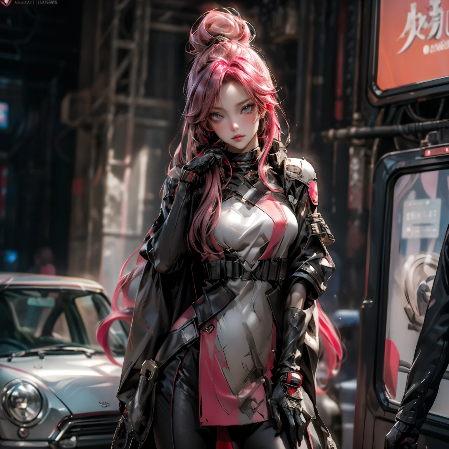 ((best quality)), ((Masterpiece)), ((Enrich the picture,Masterpiece level quality)), ultra background details, an image of a beautiful cyberpunk woman, mature woman, fierce woman, นายทหาร, นายพล, sexy mini military uniform, cyberpunk theme, (( longhair, pink hair)), golden eyes, sexy black mini skirt, sexy jacket, ผู้คน, , bunker, ตุ้มหู, gloves, armor