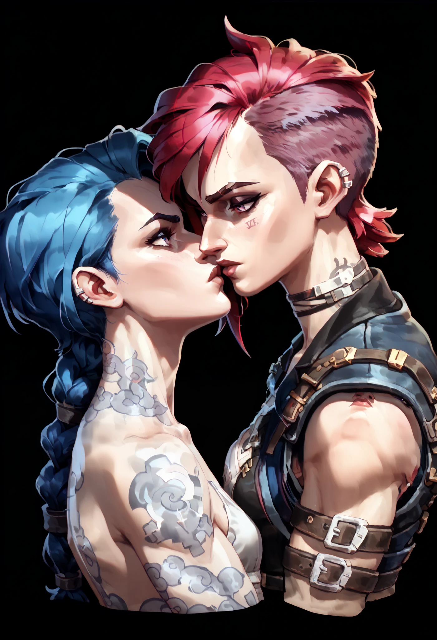 two women, vi and jinx kissing, vi with grey eyes short hair red hair, jinx with purple eyes short hair blue hair, (bust, upper body:1.3), (black background, clear background:1.5), (studio lights, deep shadows:1.3), (small chest, slender body:1.2)