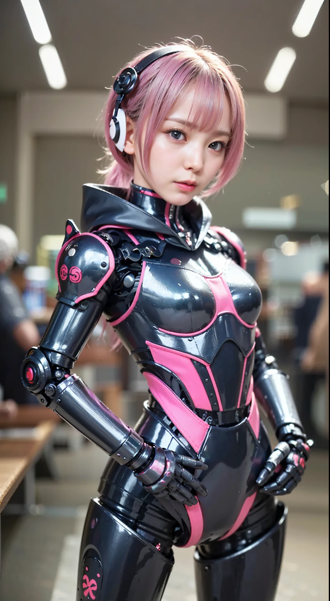 high quality, realistic masterpiece, two close friends, Beautiful tween girls, small skinny girls, cute girl face, cyberpunk, Wearing futuristic robotic tactical shear armor cyberpunk suit with cutouts showing body, skinny athletic body showing legs, innocent, playful, Famous actresses of Japan, very beautiful face, pink hair
