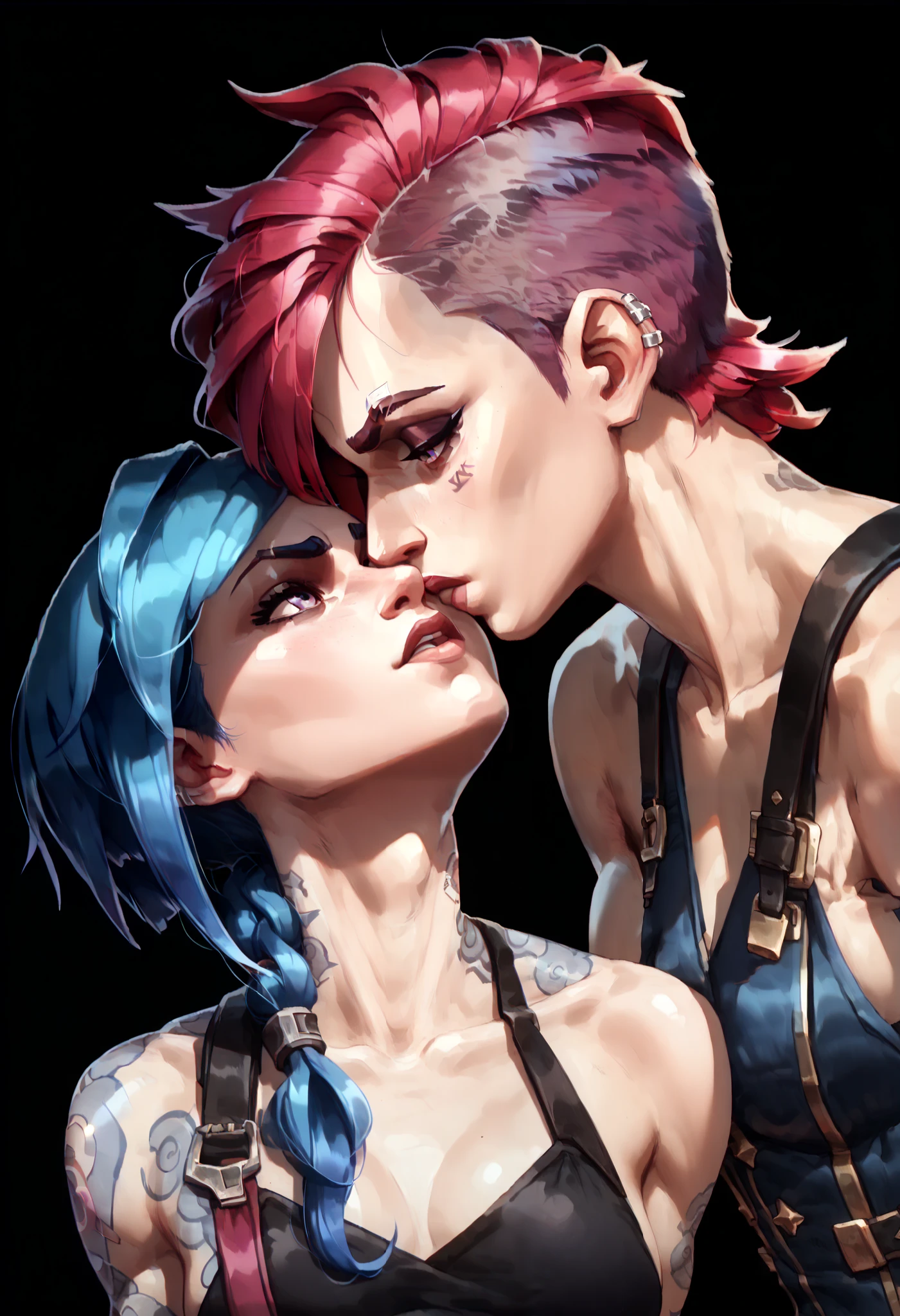 two women, vi and jinx kissing, vi with grey eyes short hair red hair, jinx with purple eyes short hair blue hair, (bust, upper body:1.3), (black background, clear background:1.5), (studio lights, deep shadows:1.3), (small chest, slender body:1.2)