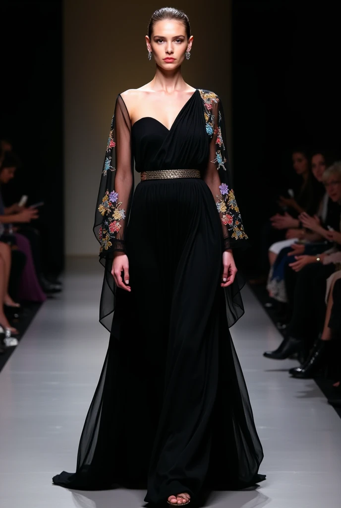 1girl wearing modest high-neck ballgown, makeup, beautiful, walking down a runway <lora:add_detail:0.5> <lora:boldline:0.2>