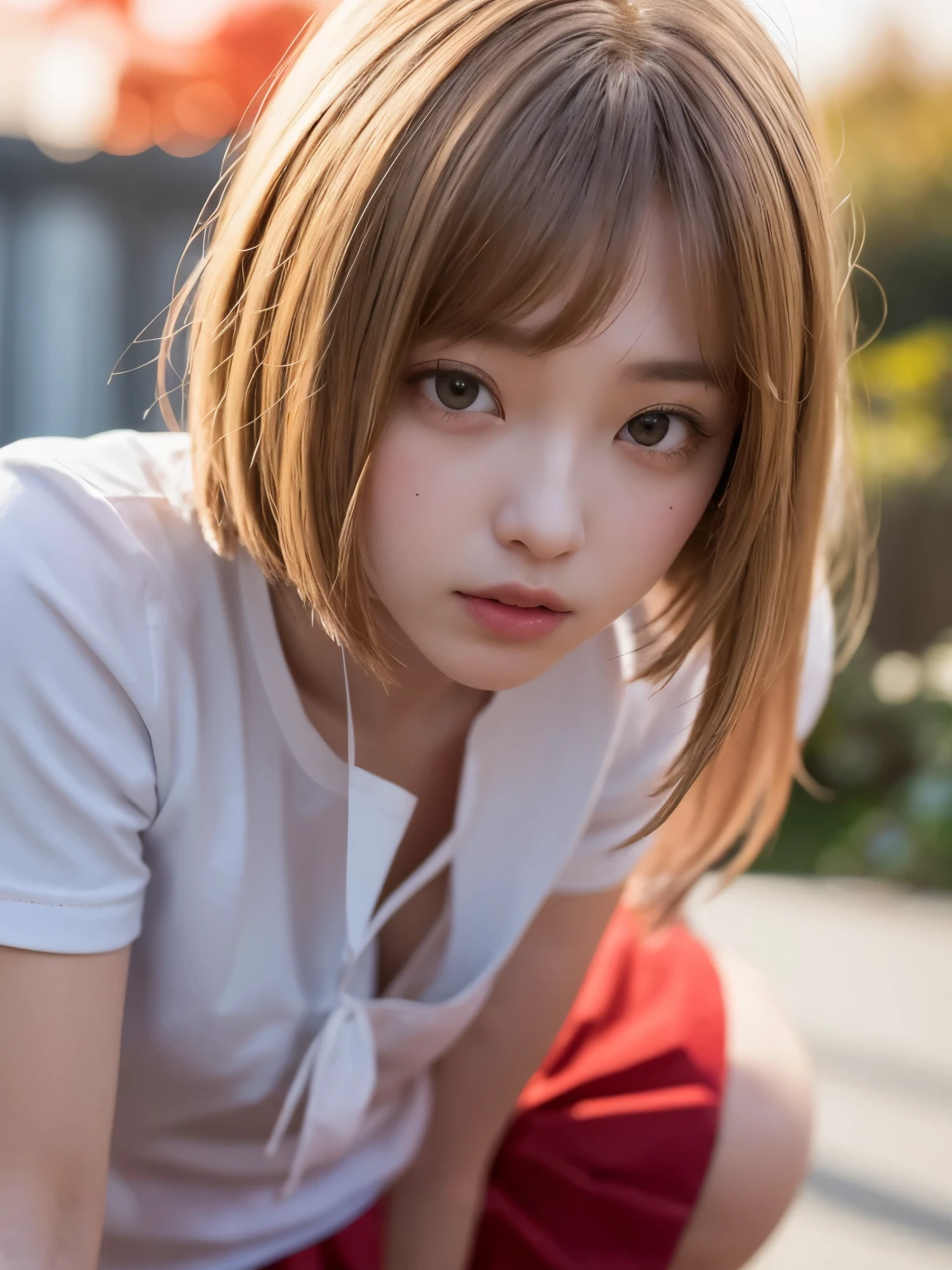 There is a young woman with a white shirt and red pants - SeaArt AI