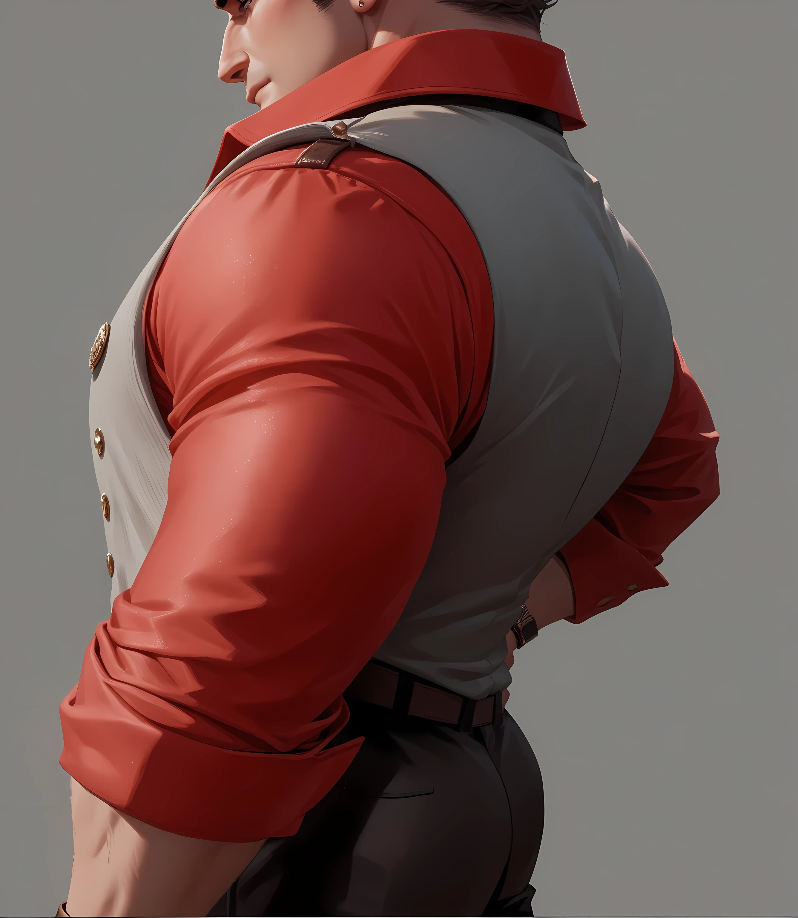 man，Italian Mafia，Mafia Boss，Profile， Red Shirt ，Left hand on waist，Brown leather shoes，UE5 Rendering，Lumen lighting rendering 