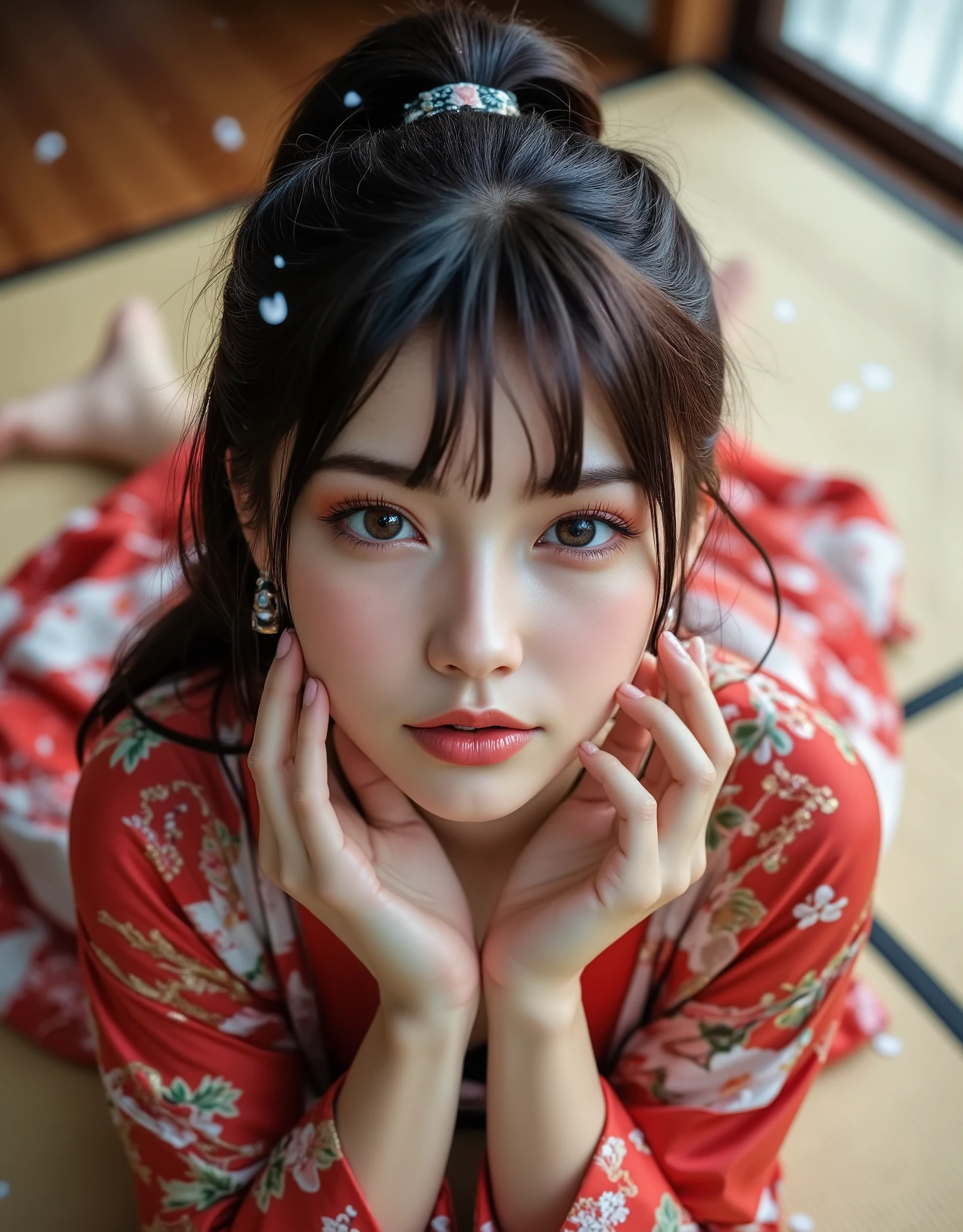 (Canon), (EOS R5), (50mm), (( photorealistic:1.5)), (No lens flare :1.5), (超 high resolution), (masterpiece), accurate, ( realisticな質感の肌), more details, high detail, High Quality , Award-winning work , 最 High Quality , 32K, is written in depth, digital camera, Award-winning glamour photo , professional lighting so you can see all of your pubic areas, ((最 High Quality :1.5)), ((masterpiece:1.5)), (( realistic)), high resolution, (とても美しくて可愛い1 personの日本人女性), ((Aerial view from above :1.5)), (( upper body shot from head to knee :1.5)), ( full body shot:1.4), ((A half-naked Japanese woman wearing a Japanese kimono)), (( lying on their back on tatami mats in a Japanese-style room:1.5)), (( wearing only Japanese kimonos , Semi-nude without underwear )), ((I can see the cleavage between my shoulders and bust:1.5)), (1 person), ((Beautiful and cute, 18 year old Japanese)), (( very cute high school girl with a good shape )), ( beautiful black hair ponytail), Very beautiful and sexy, Fascinating Beauty , seductive pose , Height: 160cm, slim figure, Beautifully shaped bust , D Cup, (A very cute, cheerful smile:1.5), (Alone:1.5), ( brown eyes:1.9), ( Detailed depiction of extremely realistic skin ), (Highly detailed, realistic eyes:1.9), (Very beautiful, long, realistic eyelashes), (Highly detailed, realistic eyebrows), (丸い brown eyes :1.8), ( beautiful catchlight on the eyes), (Realistic lips with moisture ), ( white realistic teeth arranged neatly), ( Beautiful and Detailed Face :1.6), (Hourglass body shape:1.6), (Wasp waist :1.5), ( Perfectly round and beautifully shaped bust :1.8), ( clearly contoured cheekbones :1.5), ( perfect style body :1.8), (Healthy body :1.8), (Narrow shoulders:1.9), ( staring at viewers ), ( seductive gaze ), (Beautiful, natural-looking hands), (Beautiful pink nails of perfect length), ( very cute smile:1.1), (Waist, I can see my stomach:1.4), Intricate and detailed, colorful depiction , (( A red Japanese kimono with a beautiful and cute floral pattern designed like an orchid:1.5)), ((The kimono is open, revealing both shoulders and the chest:1.3)), (( off shoulder:1.5)), (Beautiful Japanese kimonos), (Kimono with a flower pattern on red fabric, 女性 1 person, Open back, full body photo, Flower Hairpin, Ikebana on the back , extremely sexy sensual body , , like々 sensual elegance, Sexy Body , Sexy appearance, Lying on the tatami mat in a Japanese-style room, The groin and thighs are exposed , shot taken from directly above, Beautiful flower petals falling on the tatami mat, Japanese style hairpin, Japanese Style Hair Ornament, A gentle-looking face, thin waist, A beautiful, well-shaped bust with cleavage visible, blur background, Illuminate the face, dynamic pose, thighs, Beautiful Legs , beautiful body line, white skin, Art Photography, beautiful soft lighting ,