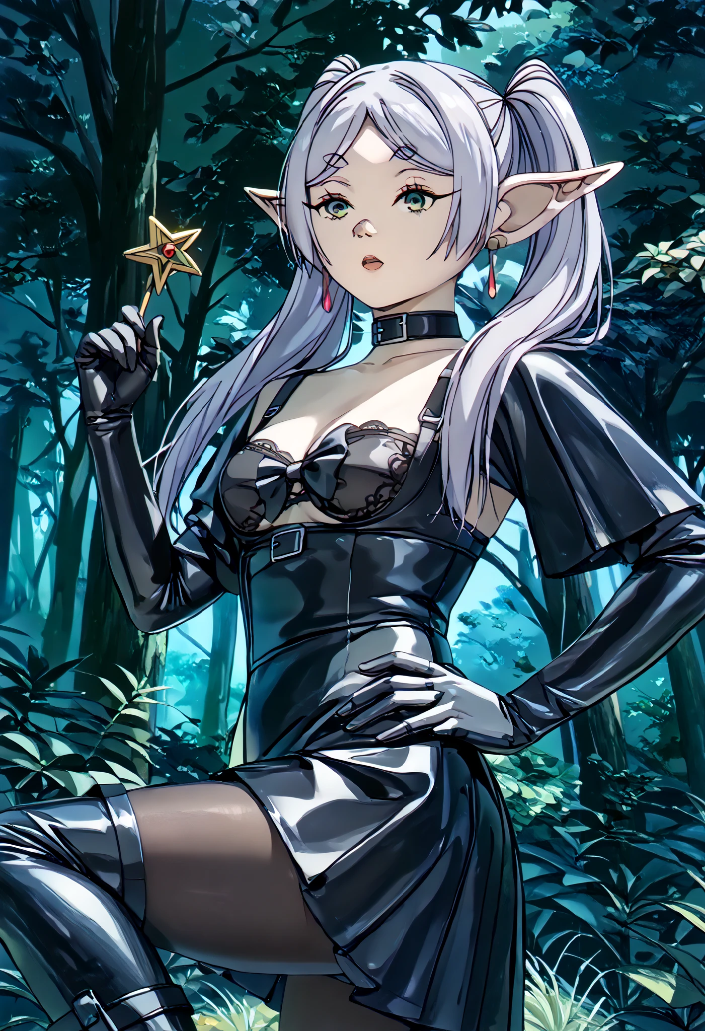 BDSM、Queen、mistress、(((One girl)))、(((solo:1.8)))、(((Black latex elbow gloves:1.4)))、((( black latex corset dress :1.4)))、((( corset dress is decorated with beautiful lace)))、((( shoulder straps)))、((( Black Latex Tight Miniskirt :1.4)))、((( Black Thigh-High Boots :1.4)))、(((Black rubber tights:1.2)))、((( stiletto heel boots that kick a man:1.4)))、((( black latex tight mini skirt )))、(((Black latex bra)))、(((Black leather collar)))、((( sexy pose:1.4 )))、 wide thigh opening with one leg:1.2、((( erotic )))、((( cowboy shot)))、 close-up、((( puts her hands on her hips)))、 beautiful eyes with highlights、Beautiful, smooth skin、Two perfect anatomical arms、 Anatomically Perfect 2 Legs 、(Four perfect fingers and one thumb)、Outdoors、Green tree々、 In the Mysterious Forest 、 the forest where fairies live、nature、 best quality ,Masterpiece, high resolution,  is ridiculous, 1 girl,Alone,up to date,rating:  general ,  ( freezes ,  holding a star , Elf,  earrings,  twin tails,  split bang,  gray hair,  thick eyebrows)