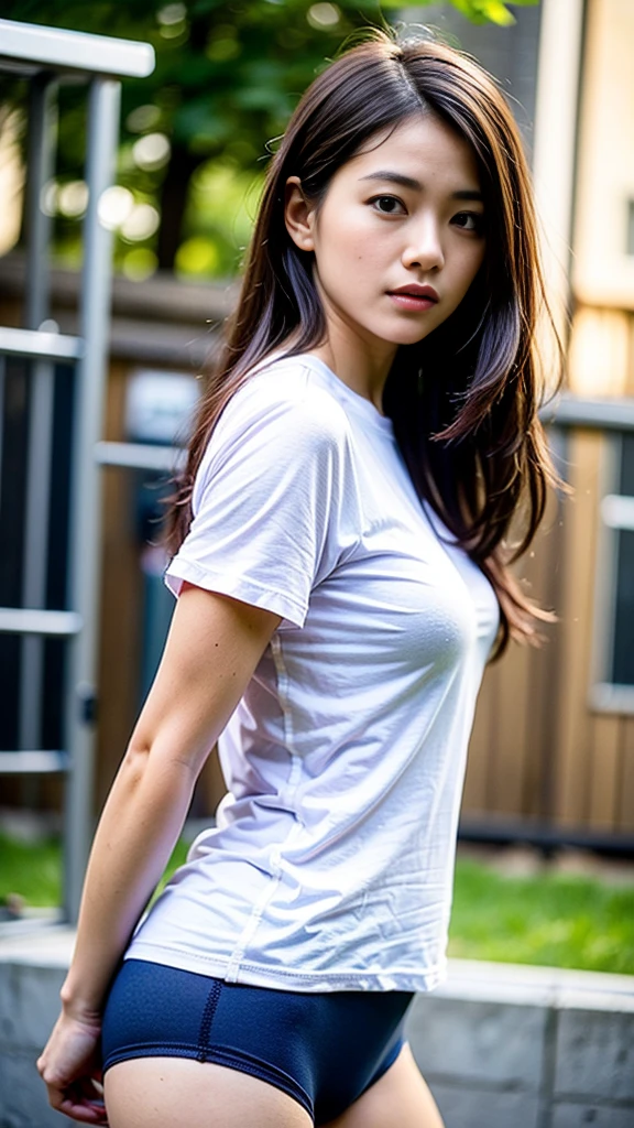 best quality, ultra high resolution, high resolution, (photorealistic:1.4), masterpiece, 1girl, baggy basic round neck Tee-shirt, lazy and messy, (medium breasts:1.2), (busty:1), looking at viewer, closeup,
