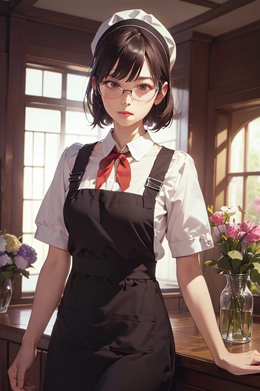 A photo of a young, nerdy woman sitting in a caf, wearing a white shirt and a bow, surrounded by a cozy atmosphere, looking at the viewer.
short hair, slender, red lips, transparent fabric, flirting with the camera