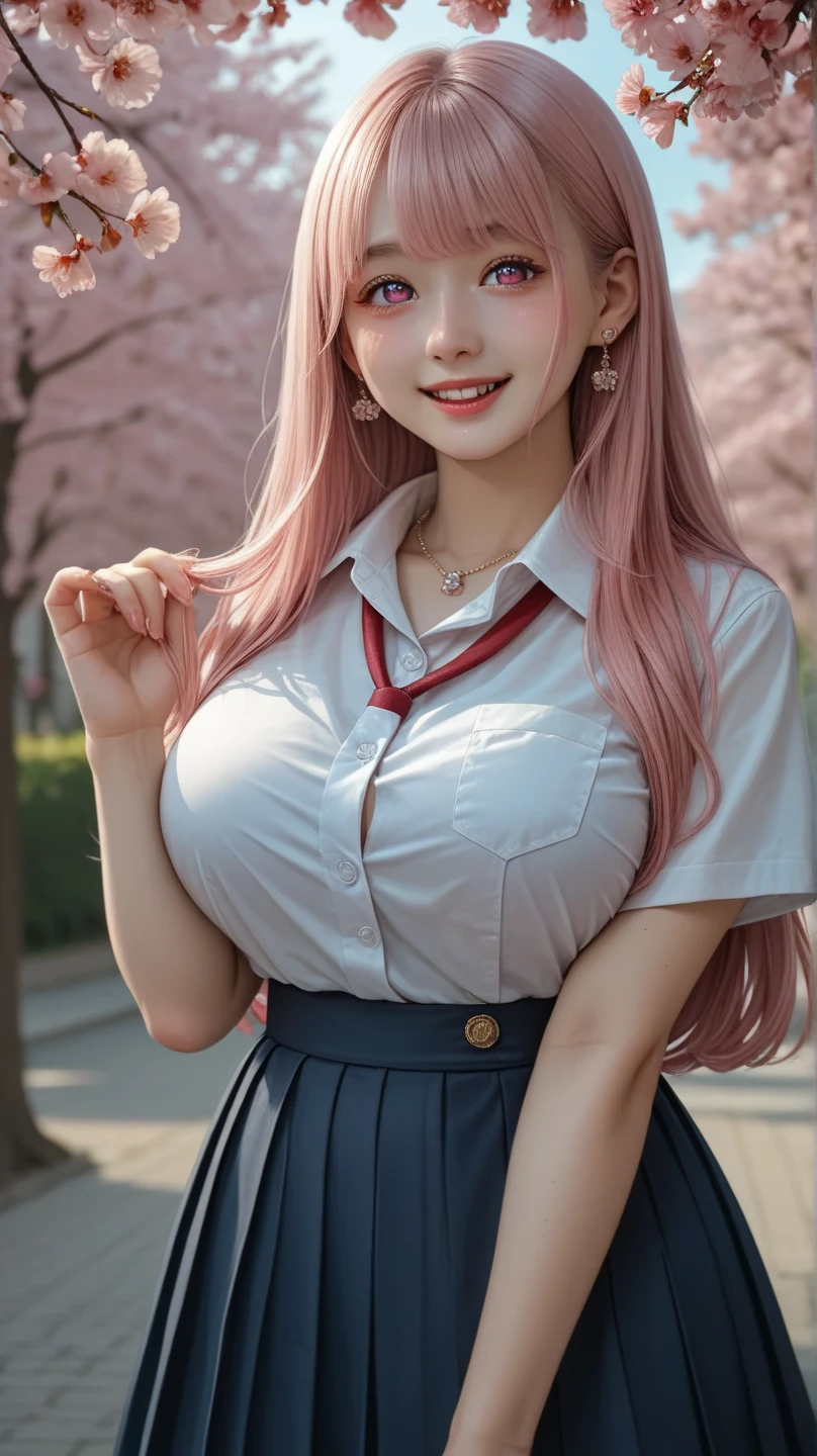 score_9, score_8_up, score_7_up, source_real, high resolution picture, masterpiece, best quality, amazing quality, extremely detailed, intricate details, sharp details, sharp focus, professional lighting, solo, 1girl, young girl, white skin, pink hair, wavy long hair, hime cut hair style, pink pupil eyes, blush, detailed face, detailed eyes, sophisticated nose, shiny skin, oiled skin, (perfect round ), (full frontal), cute expression, pure smile, lovely eye contact, perfect hand, perfect , body, school uniform and skirt, hair accessories, earrings, necklace, relaxing on cherry blossom park
