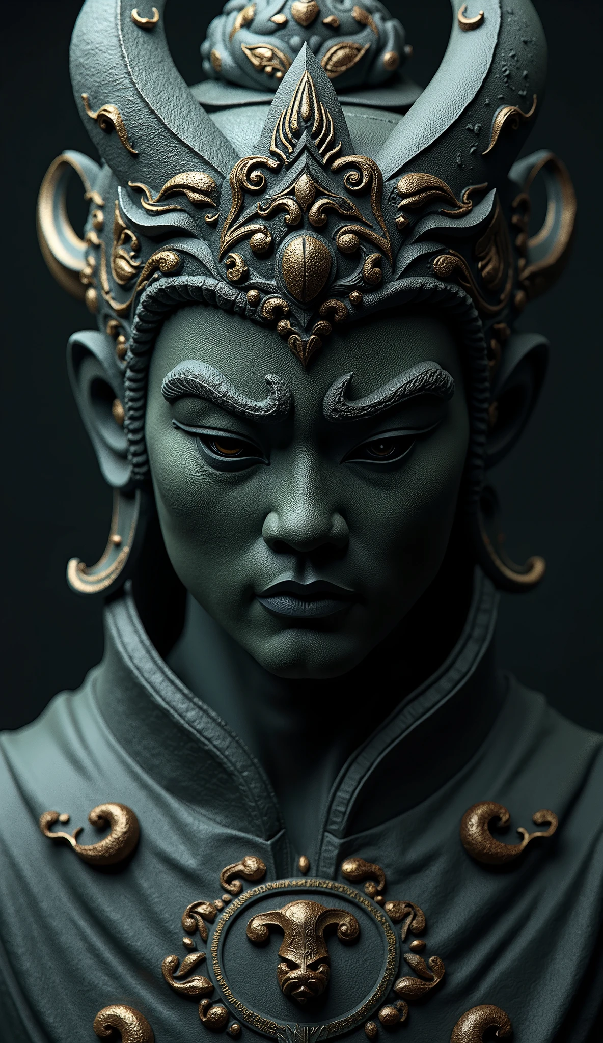 Ashura Statue、 looking at camera 、The face is shown up、Mysterious、 dark background