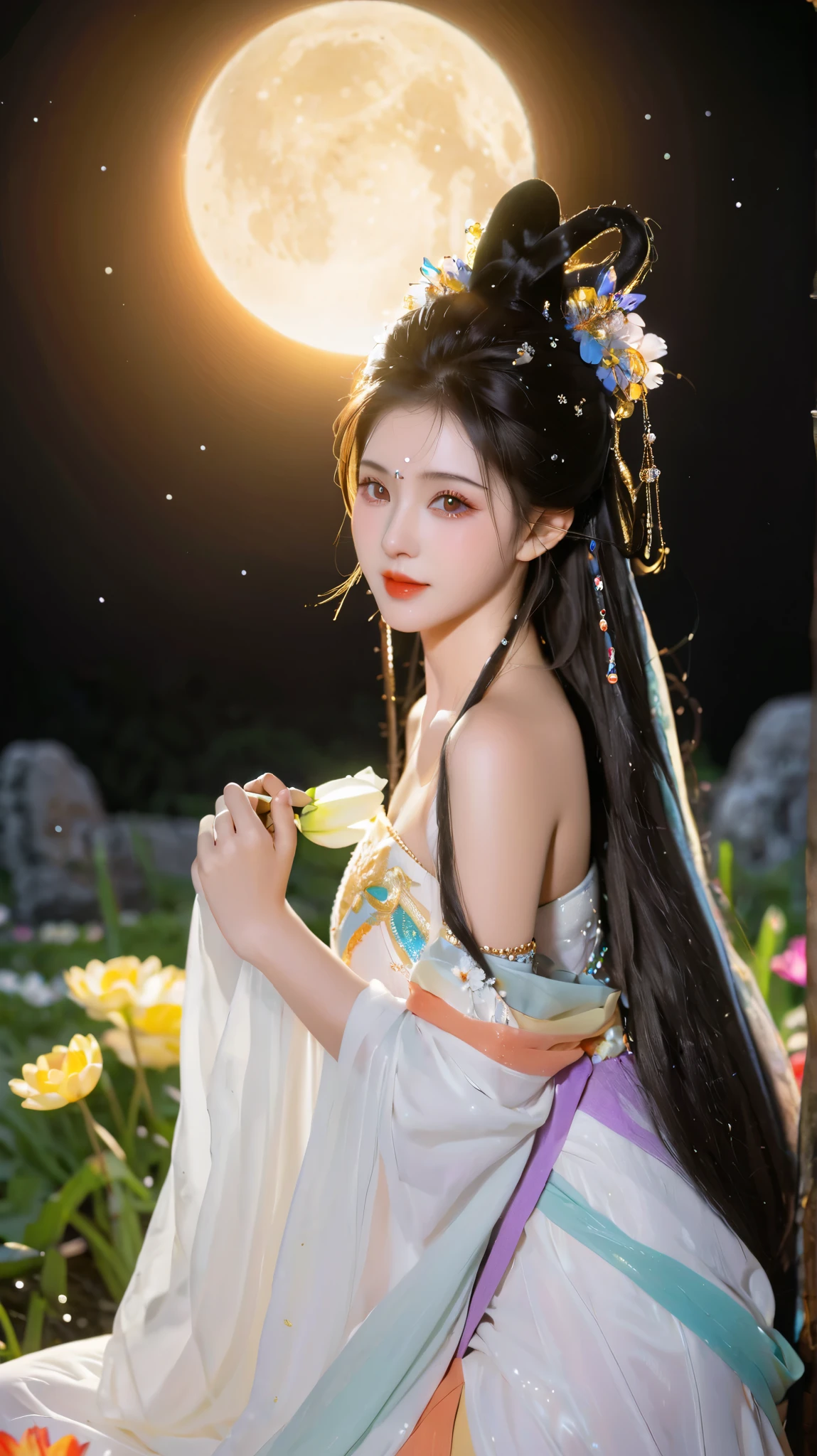 Light Particles, Halo, ( Bioluminescent :0.95), Bioluminescent , Dazzling light, full of energy , (((Colorful))), color, (glowing, glow),Ancient Customs, Wind Blow, flowering, pond, night, moon relection in the pond, Reflected Light, Depth of Field, From the back, multiple views , delicated best quality , masterpiece, illustration, extremely fine and beautiful , Very Detailed ,CG ,unified , 8k wallpaper, are amazing, Meticulous attention to detail, masterpiece, best quality, Official Art , Very Detailed CG unified 8k wallpaper,超 high resolution , incredibly 超 high resolution , huge file size , ULTRA DETAIL , high resolution , Very Detailed, beautiful and detailed girl , Very Detailed eyes and face, beautiful and detailed eyes,Face Light,1 Girl, (super realistic), ( dark hair ), ( hair covers one eye), (Single braided hair ), (Rainbow Eyes), ((Hair accessories)), ((Jewelry)), (hair Jewelry), (((Describe the arm in detail))), (((super ))), (( Anthro futa hare )), ((full body)), (thigh), ((full )),, ( Detailed Description of Hair ), (( upper body)), ( bare shoulders ), ((clavicle)), ( strapless), (有光泽的皮肤), (Detailed facial description), (Extremely detailed eye description ), (Detailed description of the body), (white and translucent skin ), Peerless Beauty, (Extreme beauty), ( red lips), (Shy ), (诱人的Smile), (Every posture),(Smile)