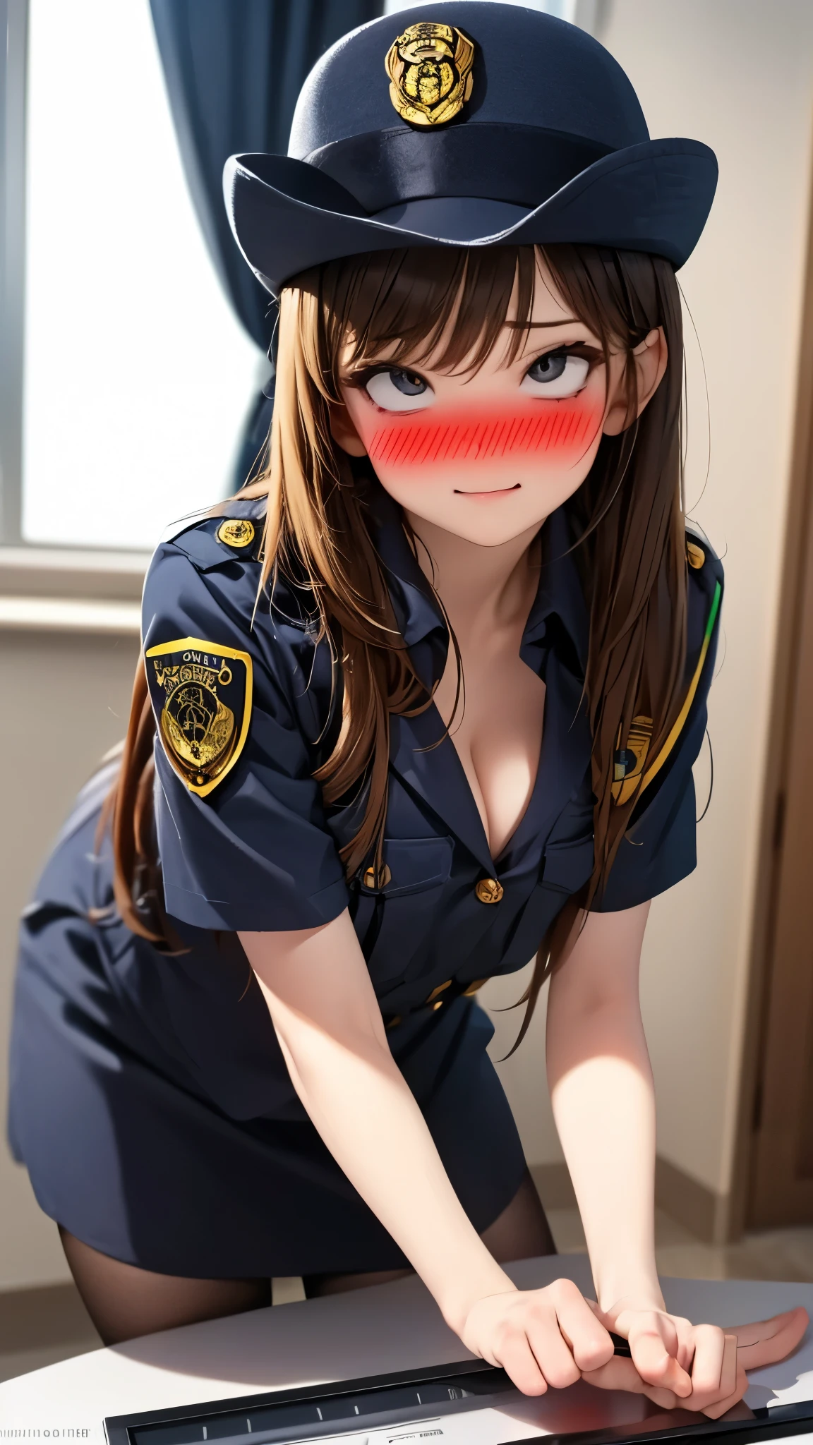 (1080P),
(16K),
(ACCURATE),
(ANATOMICALLY CORRECT),
(BEST QUALITY),
(HD),
(HIGH QUALITY),
(HIGHRES),
(MASTERPIECE),
(RETINA),
(SUPER DETAIL),
(TEXTUREDSKIN),
(UHD),background police cleavage,office,pov,Police attire)),black skirt