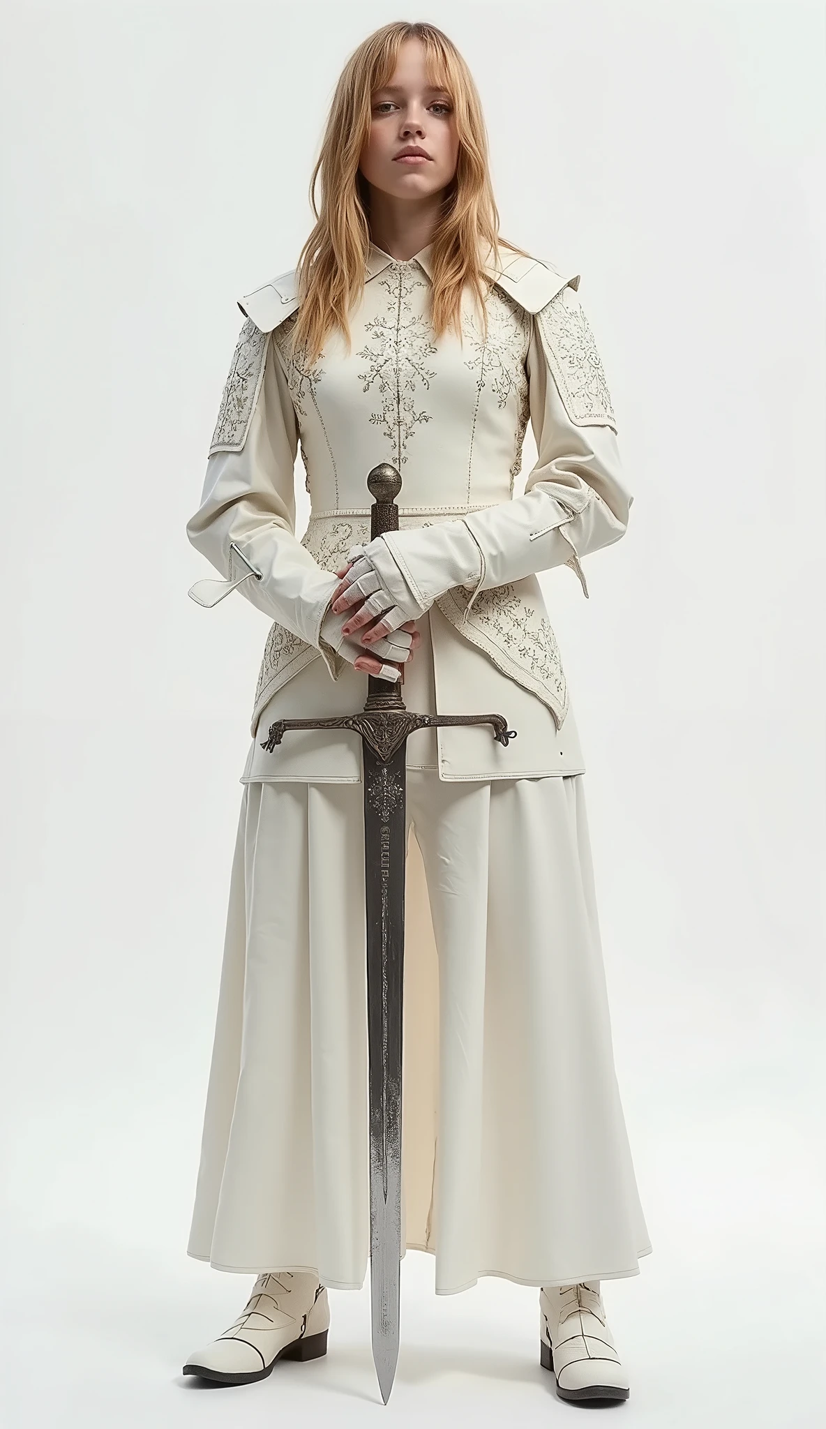 live action 、Genuine、 A beautiful Swiss girl wearing pale white leather armor from the Middle Ages 、 bright blonde 、 Closed 、A beautiful pattern is engraved in silver on that leather armor .、 clear 、 places her hands on the handle of a sword stuck in the ground with both hands、 white background